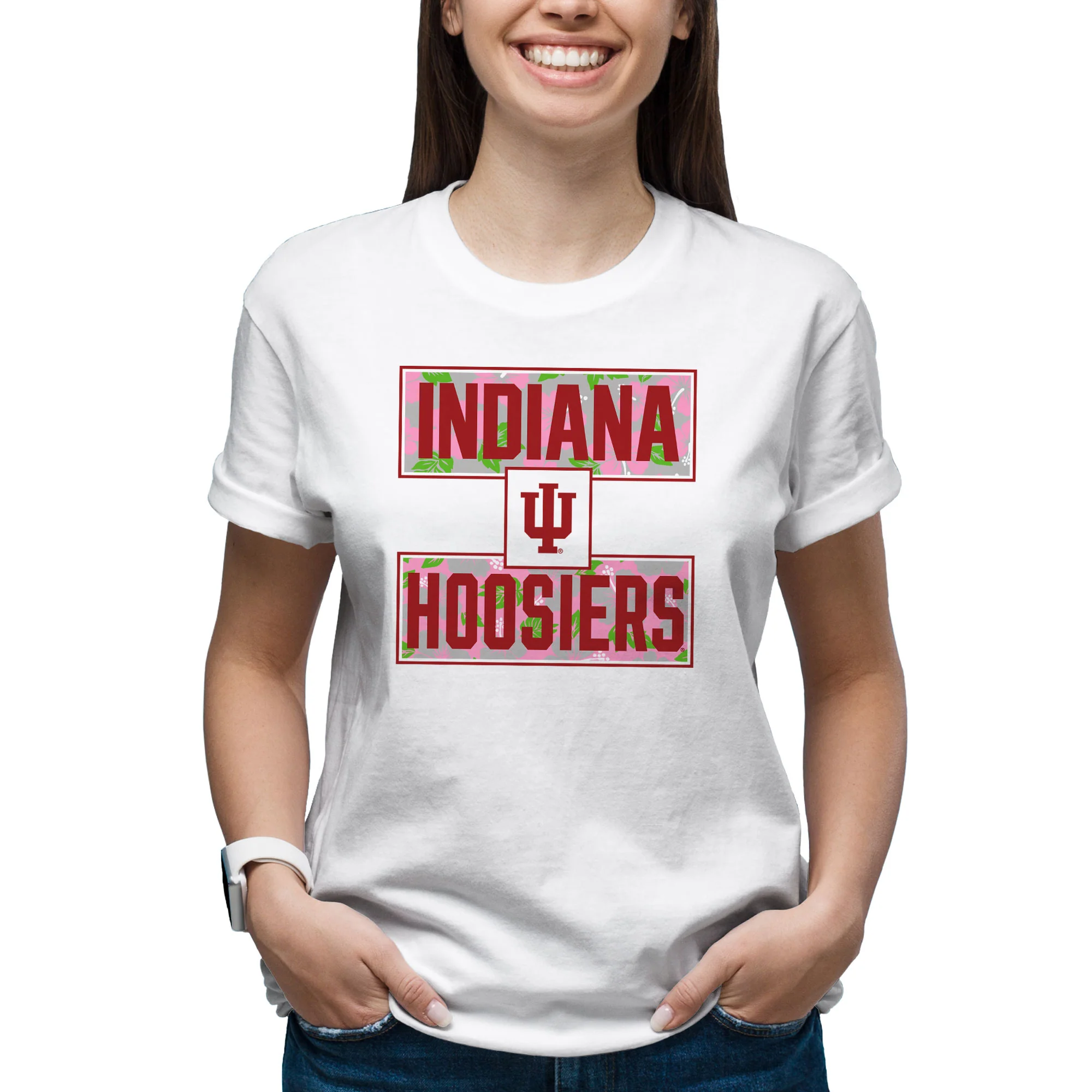 Indiana University Hoosiers Hibiscus Pattern Blocks Basic Cotton Short Sleeve T Shirt - White - Image 4