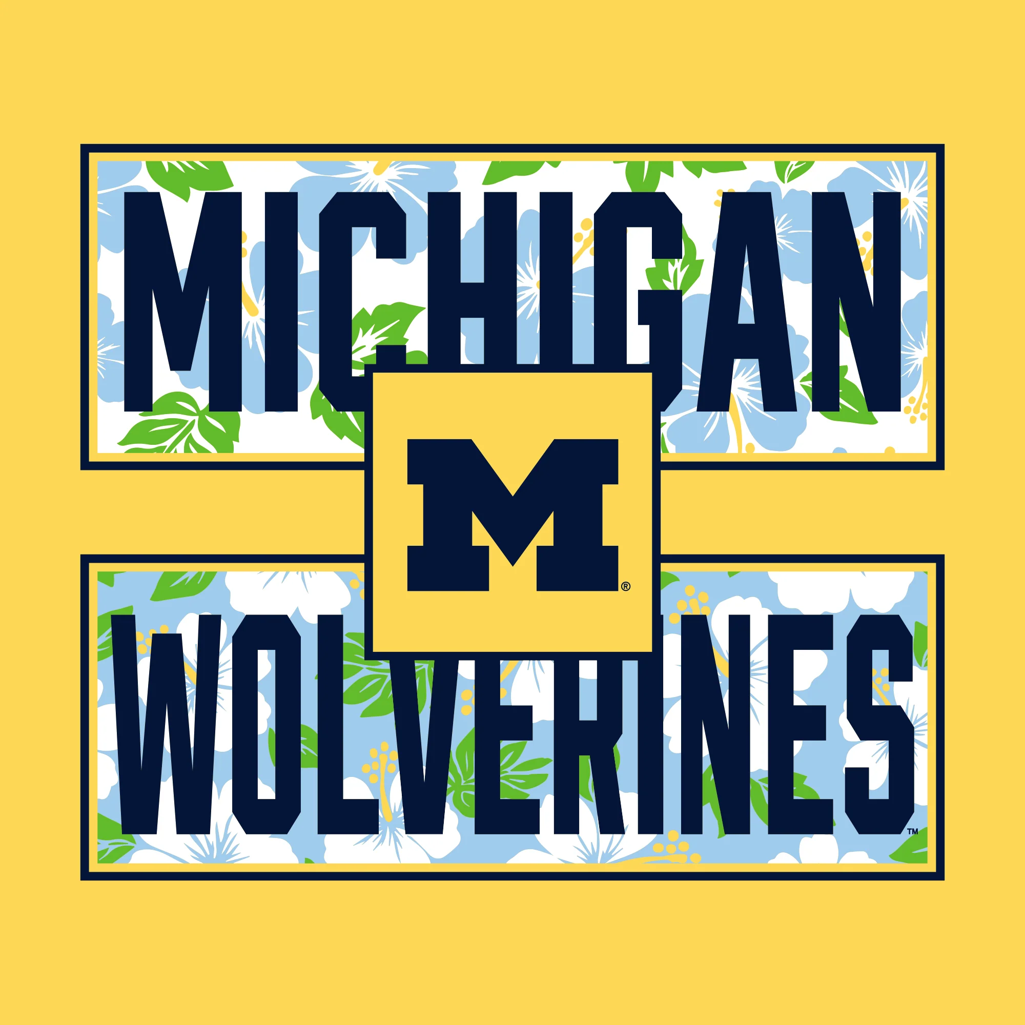 Hibiscus Pattern Blocks University of Michigan Basic Cotton Short Sleeve T Shirt - Daisy - Image 2