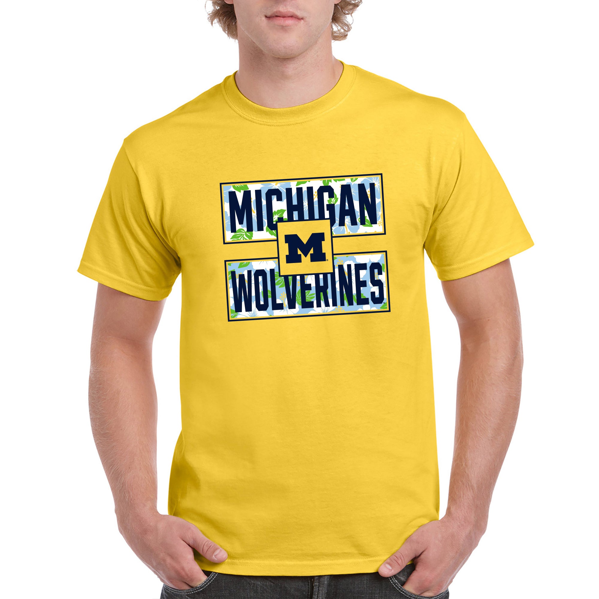Hibiscus Pattern Blocks University of Michigan Basic Cotton Short Sleeve T Shirt - Daisy - Image 3