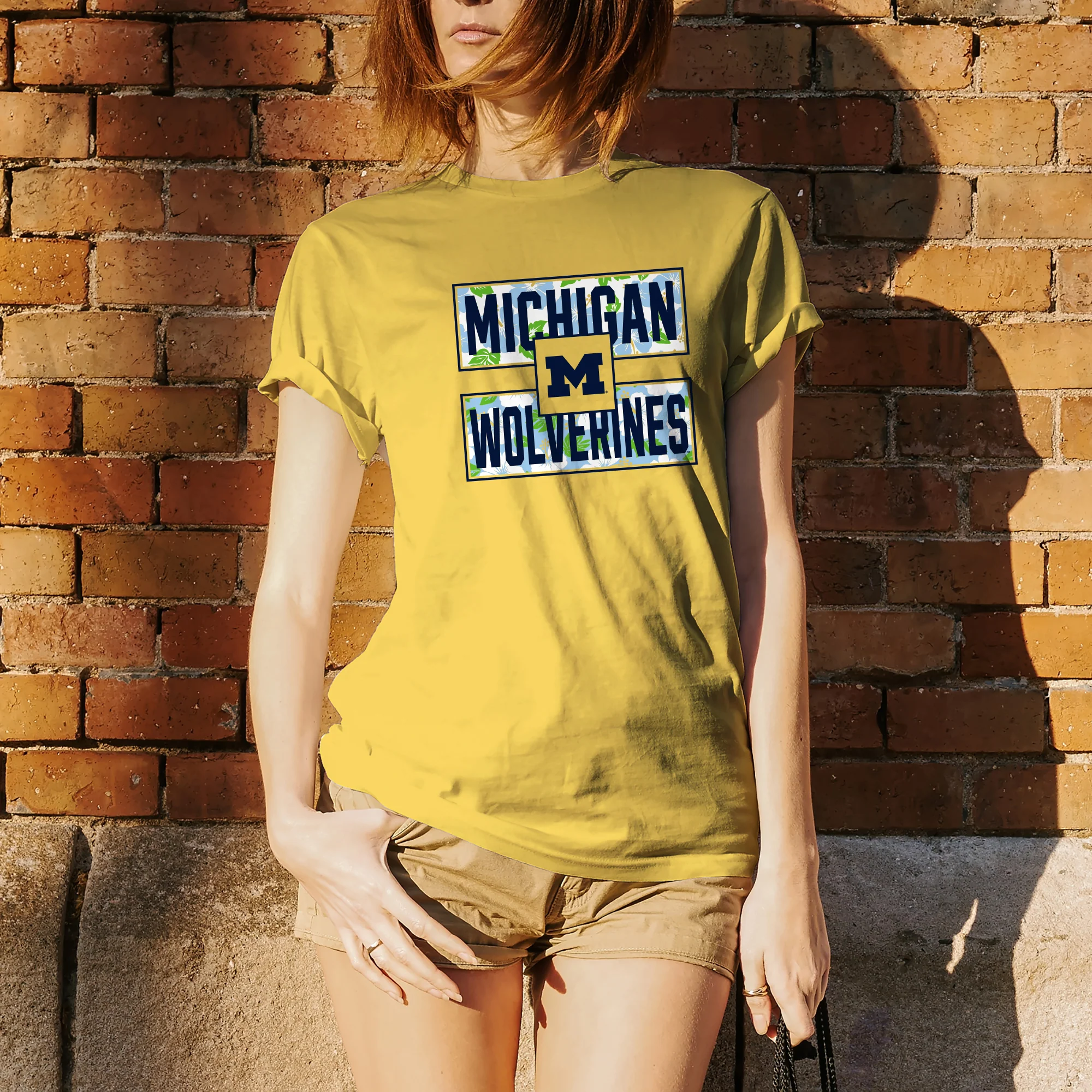 Hibiscus Pattern Blocks University of Michigan Basic Cotton Short Sleeve T Shirt - Daisy - Image 4