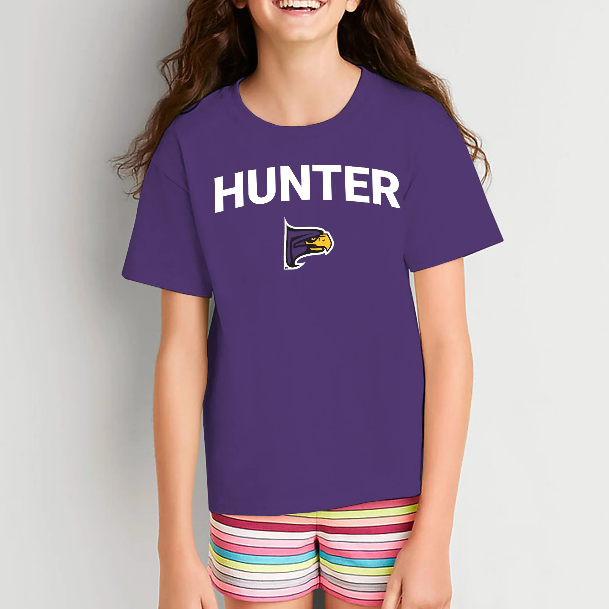 Hunter College Hawks Arch Logo Youth T Shirt - Purple - Image 4
