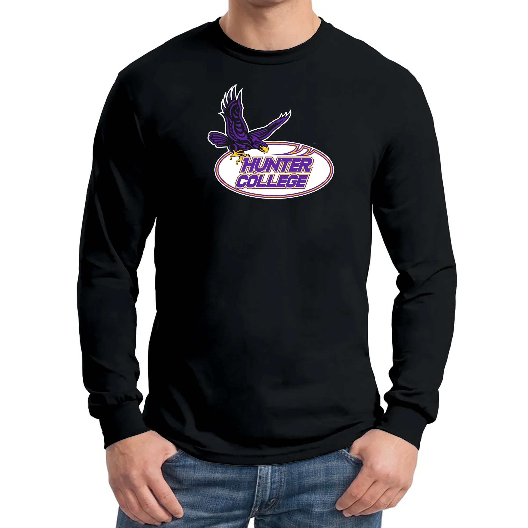 Hunter College Hawks Primary Logo Long Sleeve T Shirt - Black - Image 3