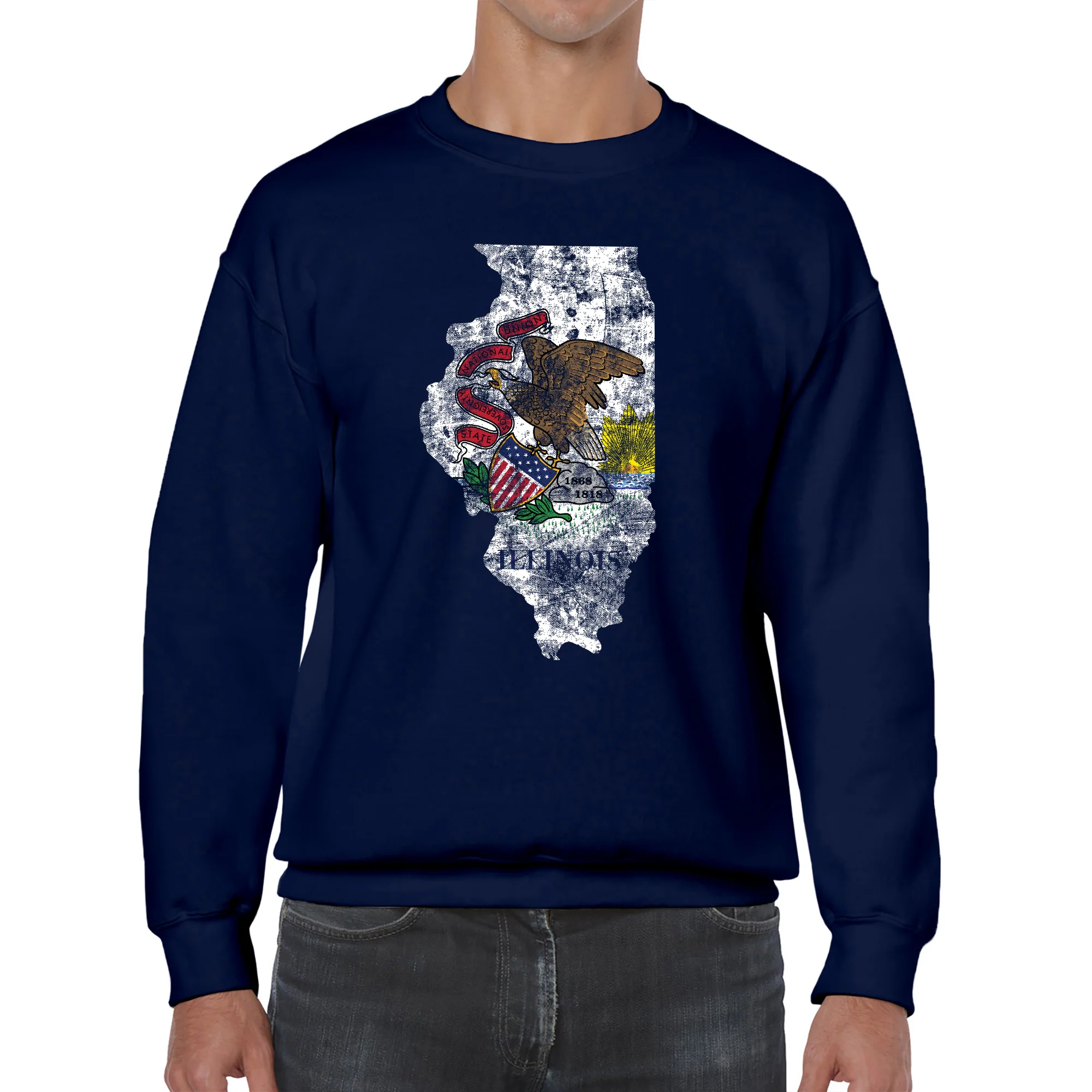Illinois Distressed State Flag Outline Crewneck Sweatshirt - Navy - Image 3