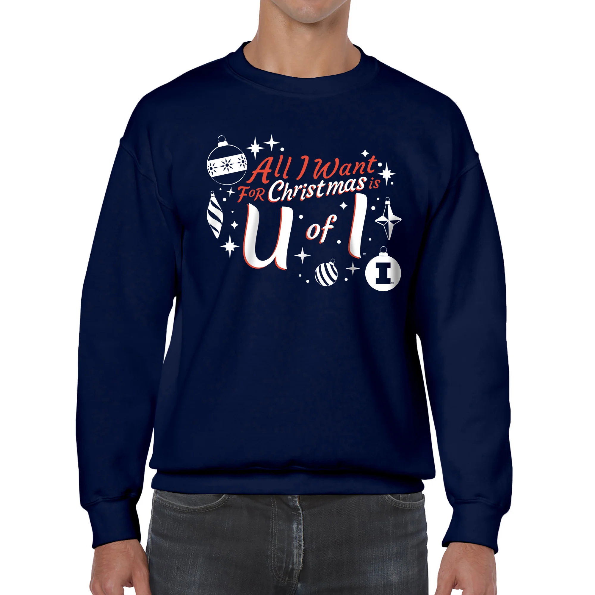 Illinois Fighting Illini All I Want For Christmas Is U of I Crewneck Sweatshirt - Navy - Image 3