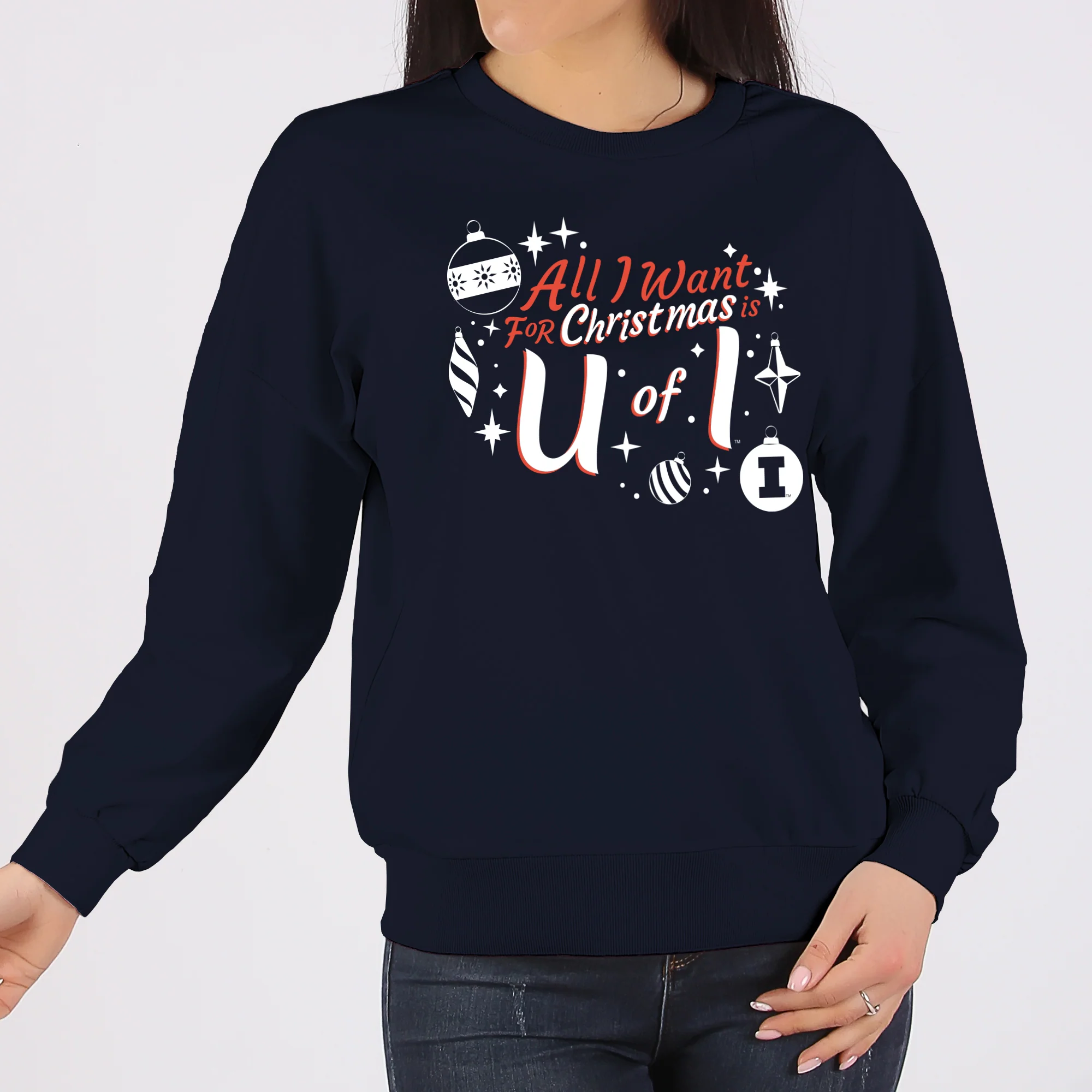 Illinois Fighting Illini All I Want For Christmas Is U of I Crewneck Sweatshirt - Navy - Image 4