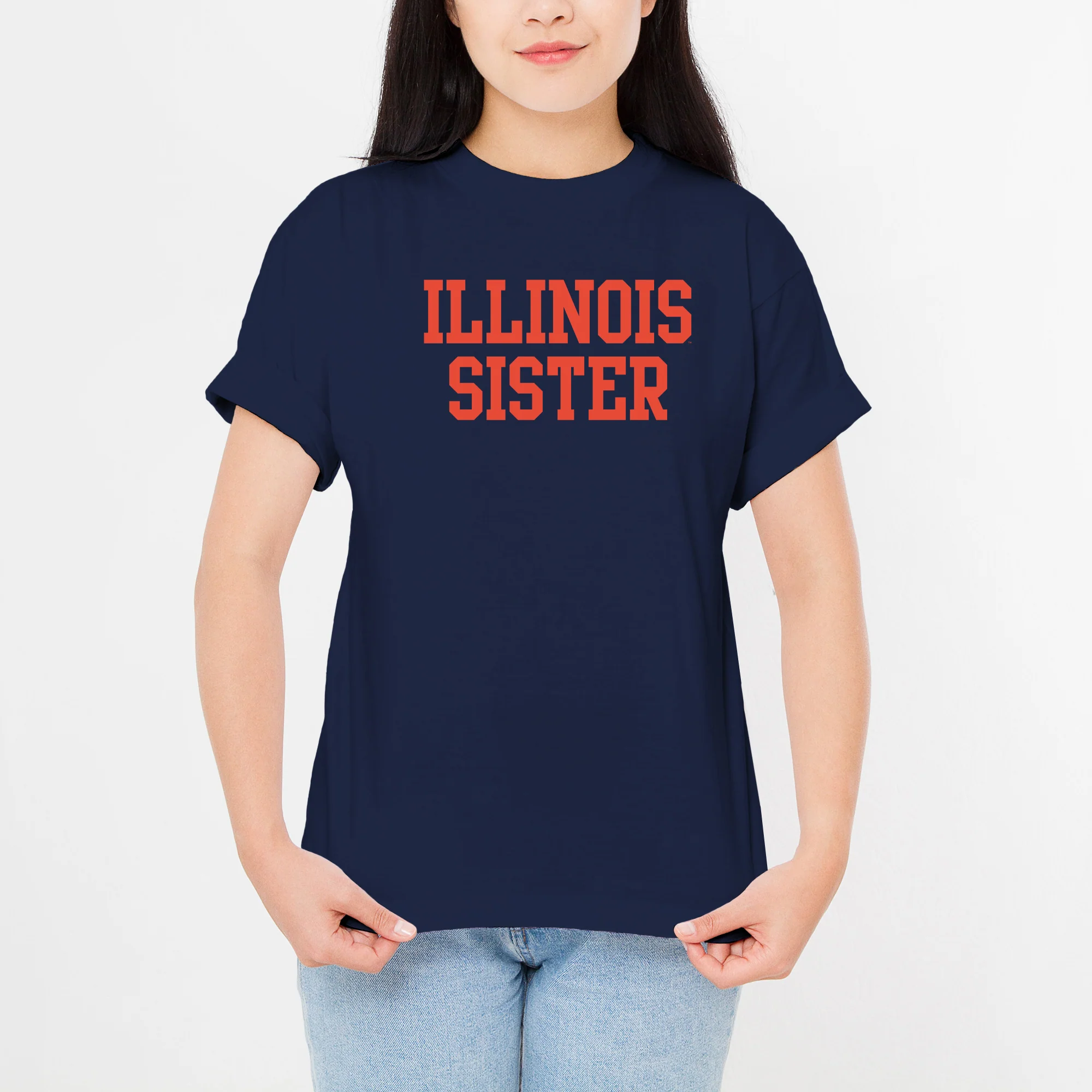 Illinois Fighting Illini Basic Block Sister Premium Cotton T Shirt - Midnight Navy - Image 3