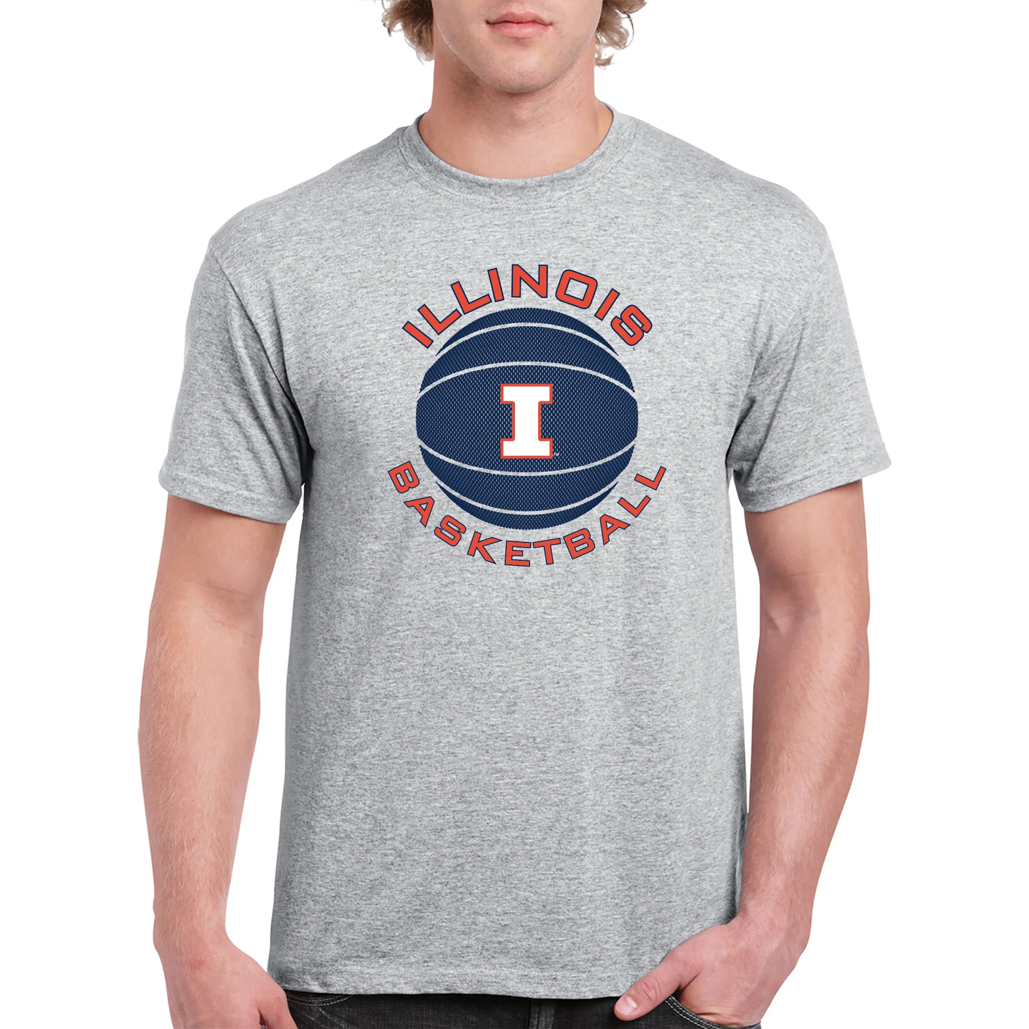 Illinois Fighting Illini Basketball Circle Logo Cotton T-Shirt - Sport Grey - Image 3