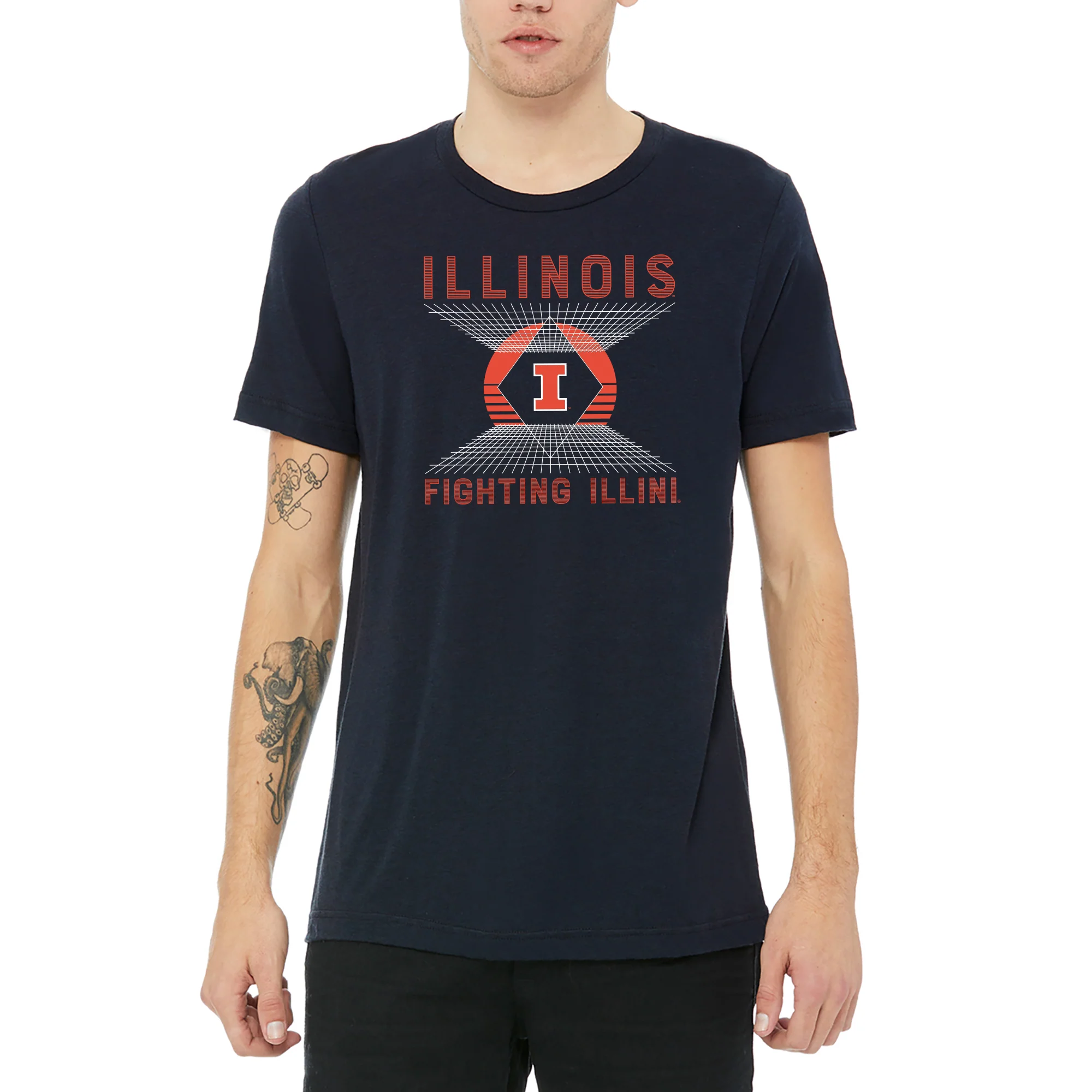 Illinois Fighting Illini Vaporwave Grid Triblend T Shirt - Solid Navy - Image 3