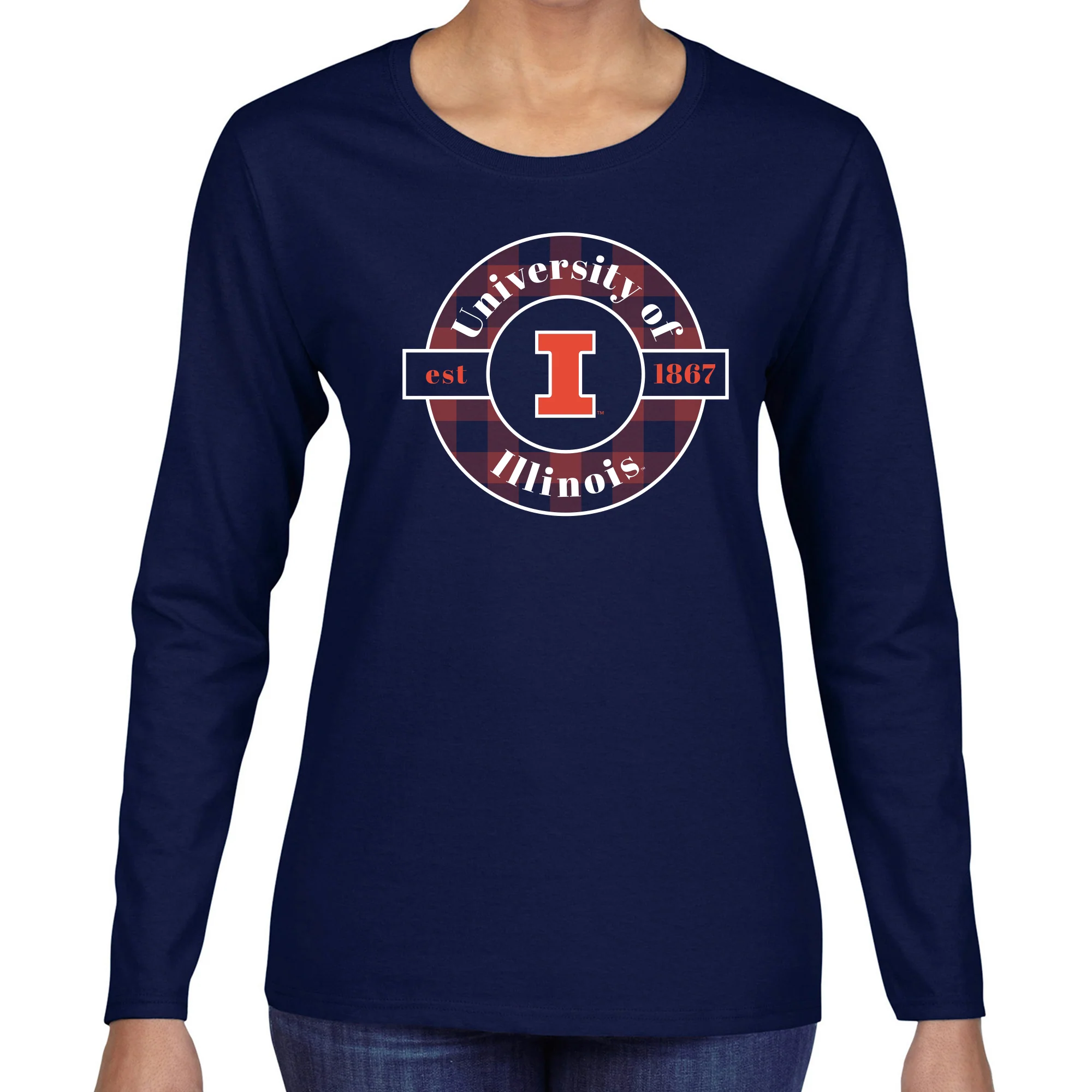 Illinois Plaid Circle Women's Long Sleeve - Navy - Image 3