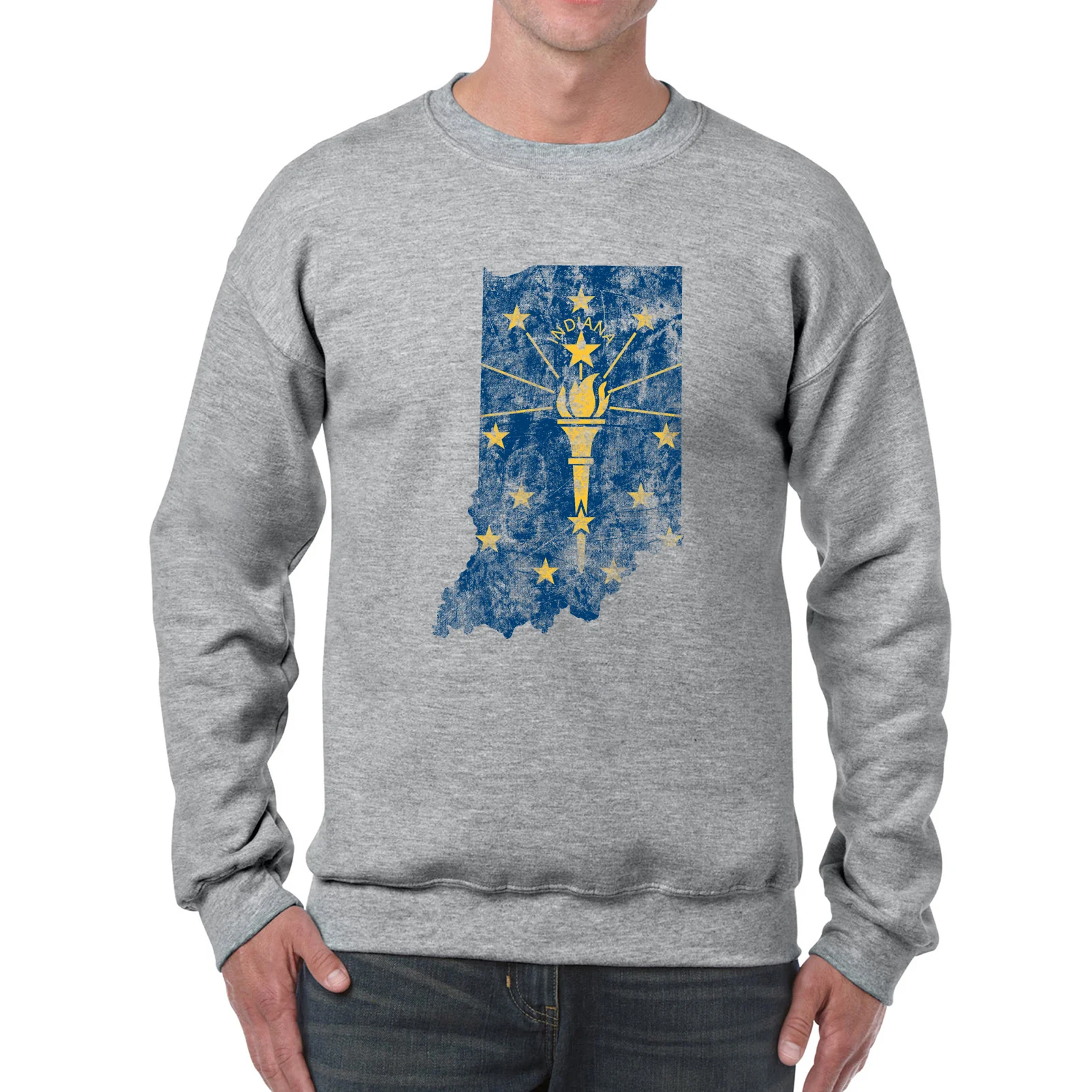 Indiana Distressed State Flag Outline Crewneck Sweatshirt - Sport Grey - Image 3