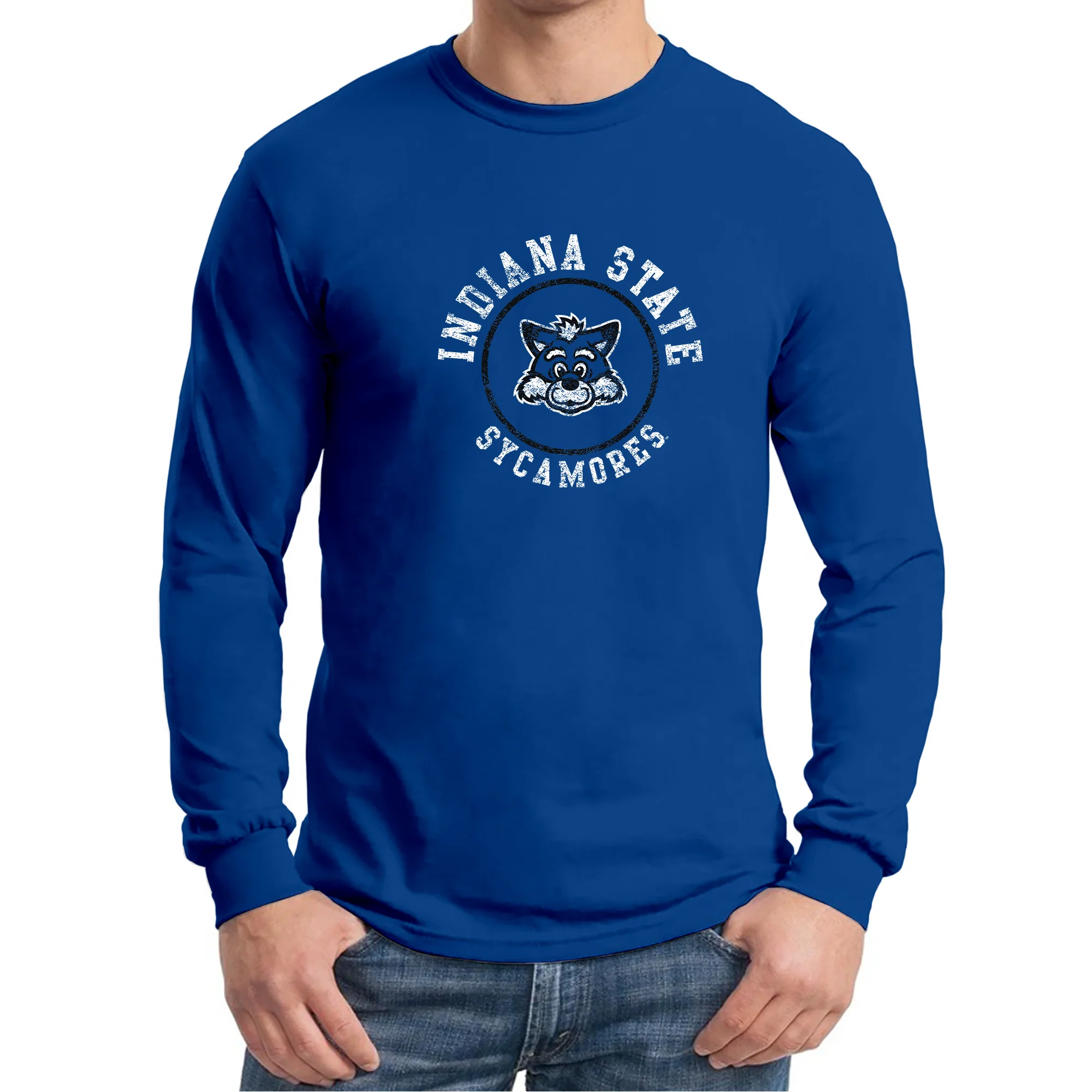 Indiana State University Sycamores Distressed Circle Logo Long Sleeve T Shirt - Royal - Image 3