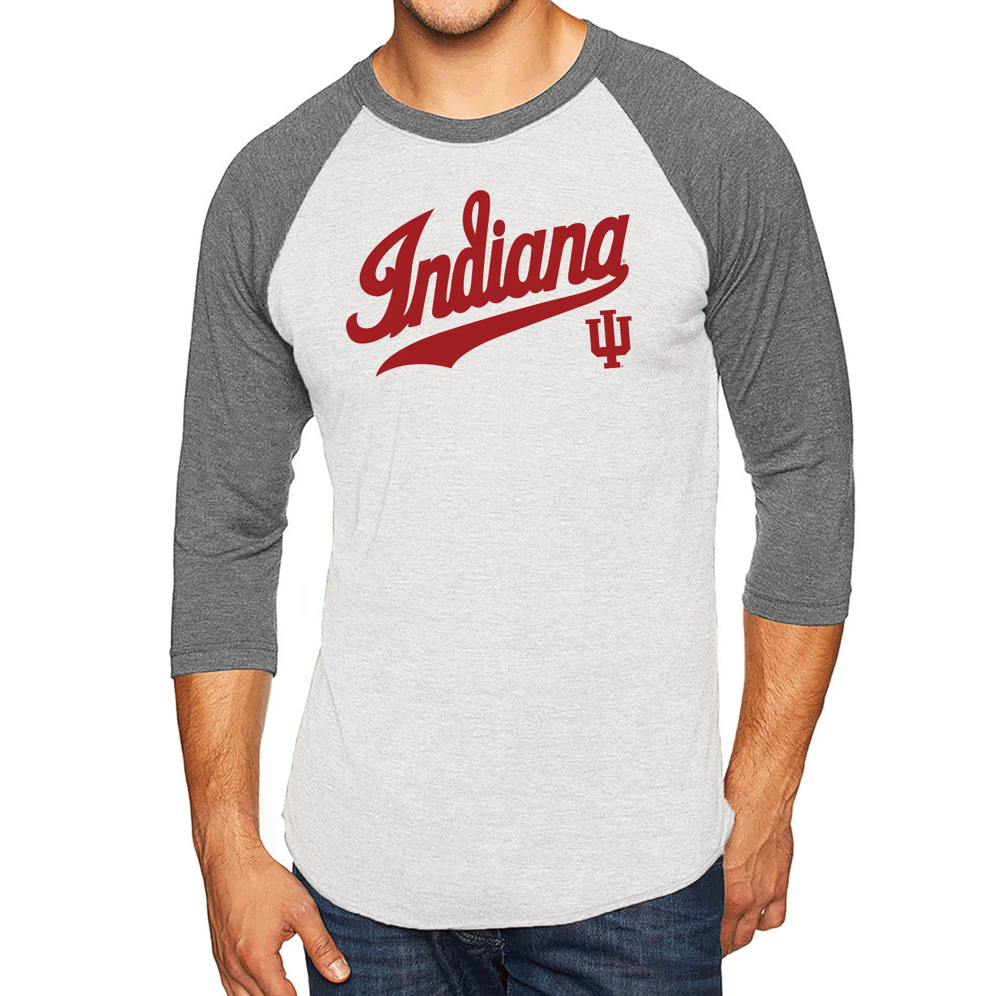 Indiana Baseball Jersey Script Raglan - Heather White/Premium Heather - Image 3
