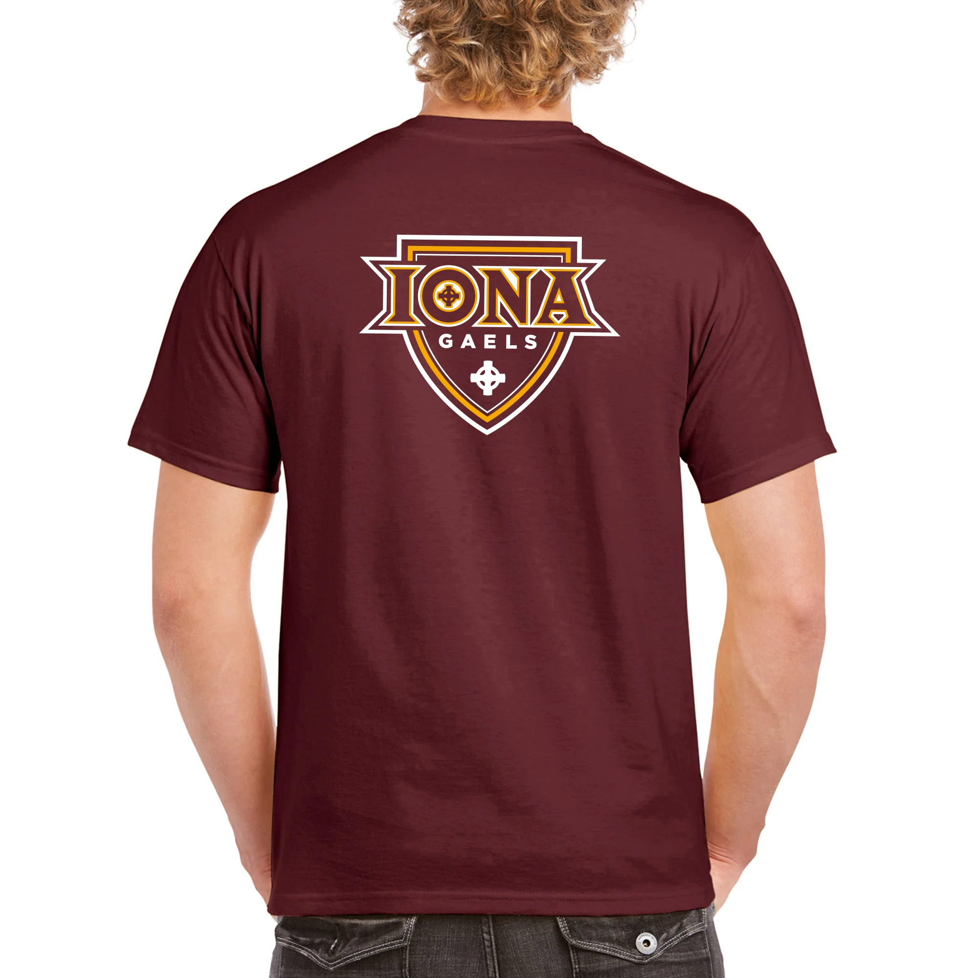 Iona University Gaels Front and Back Print Cotton Short Sleeve T Shirt - Maroon - Image 5
