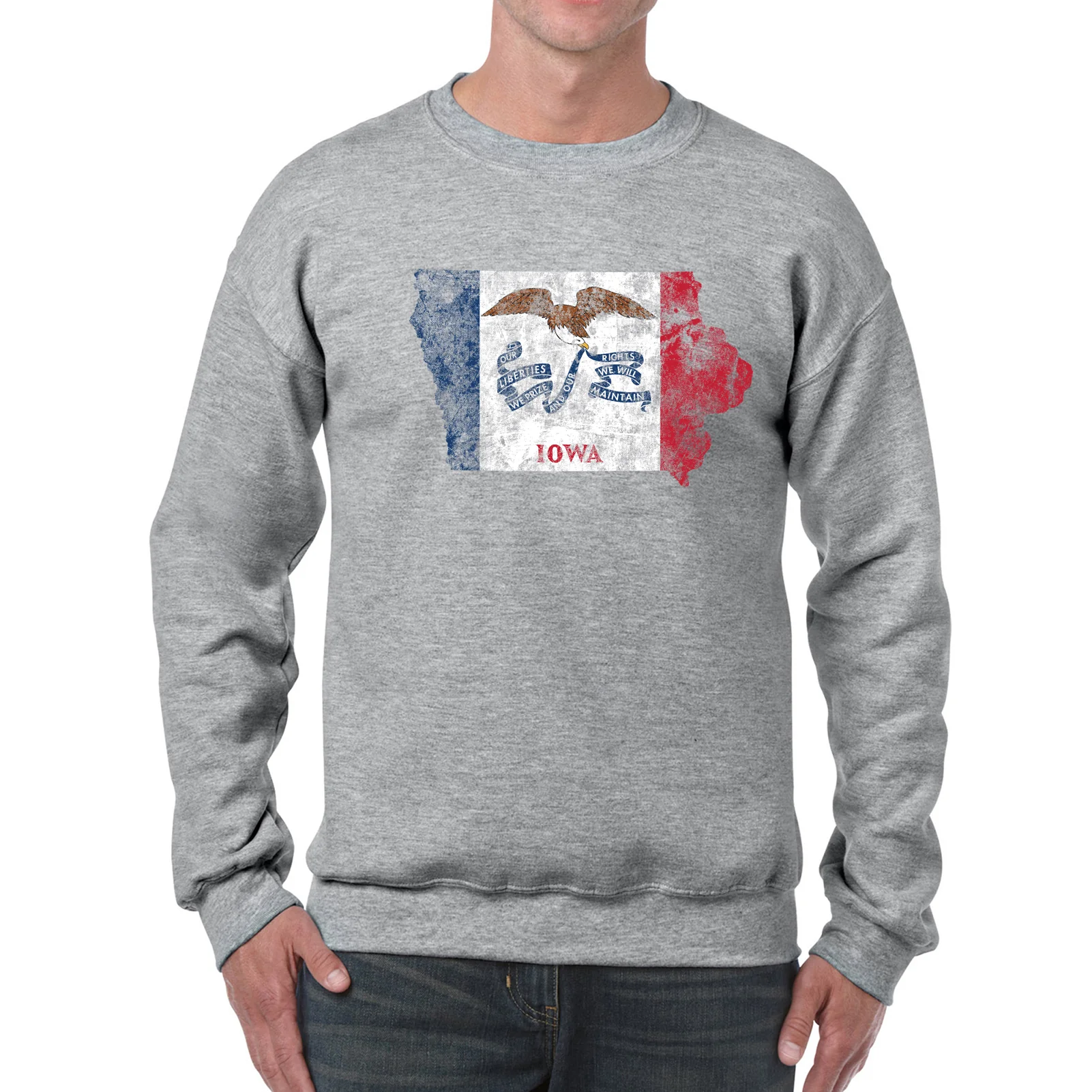 Iowa Distressed State Flag Outline Crewneck Sweatshirt - Sport Grey - Image 3