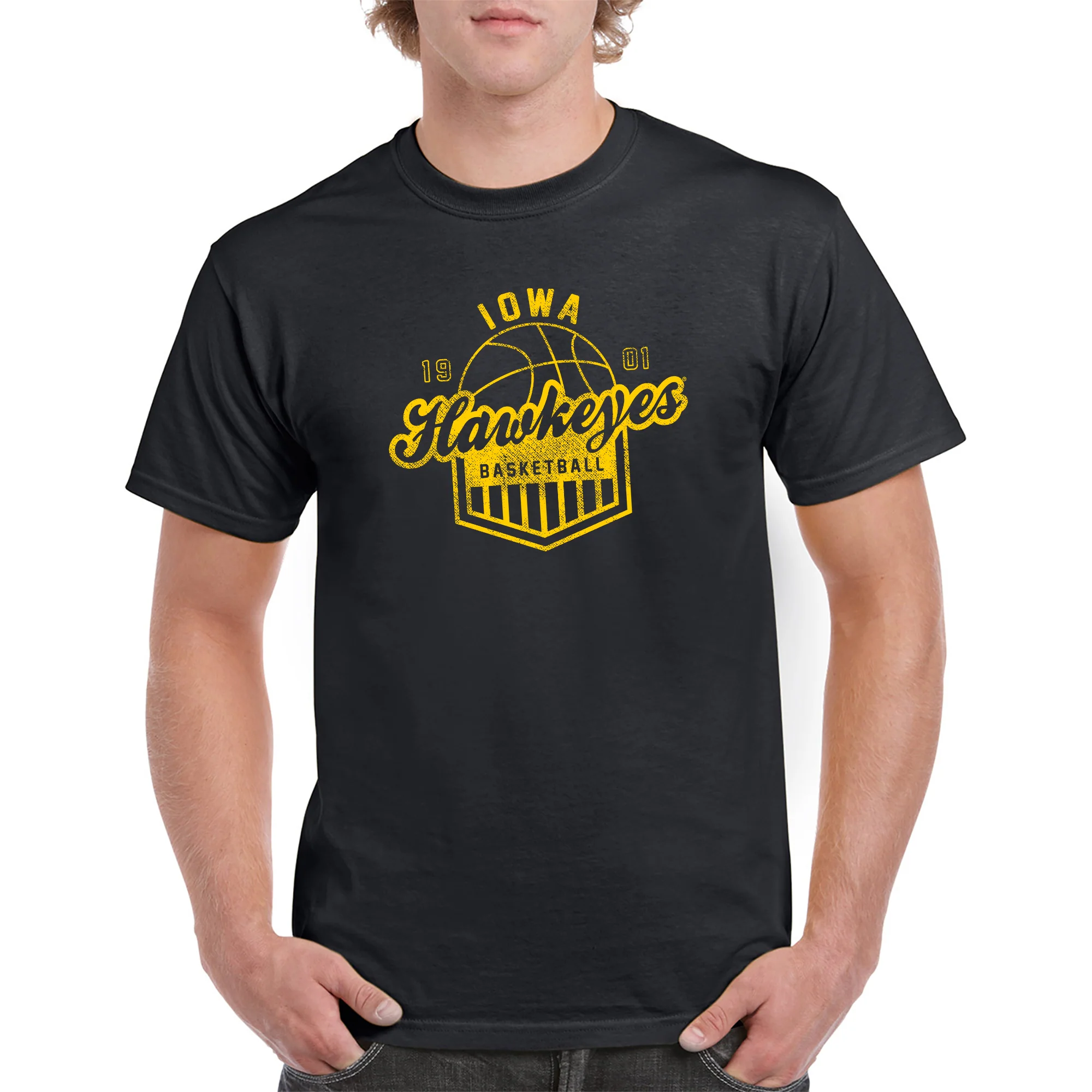 Basketball Shield Iowa Hawkeyes Basic Cotton Short Sleeve T-Shirt - Black - Image 3