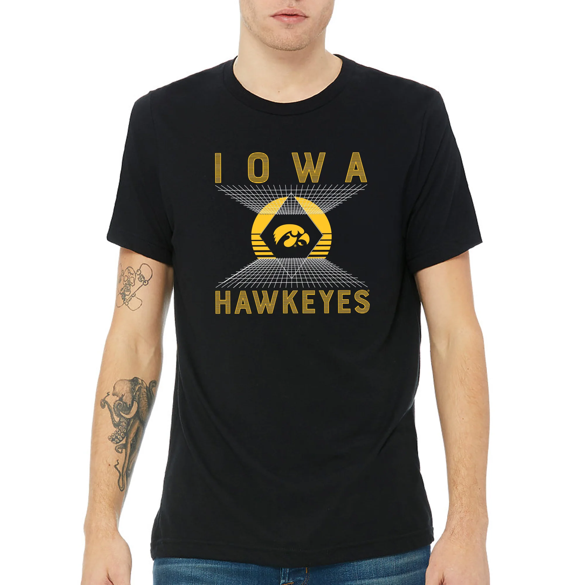 Iowa Hawkeyes Vaporwave Grid Triblend T Shirt - Solid Black - Image 3