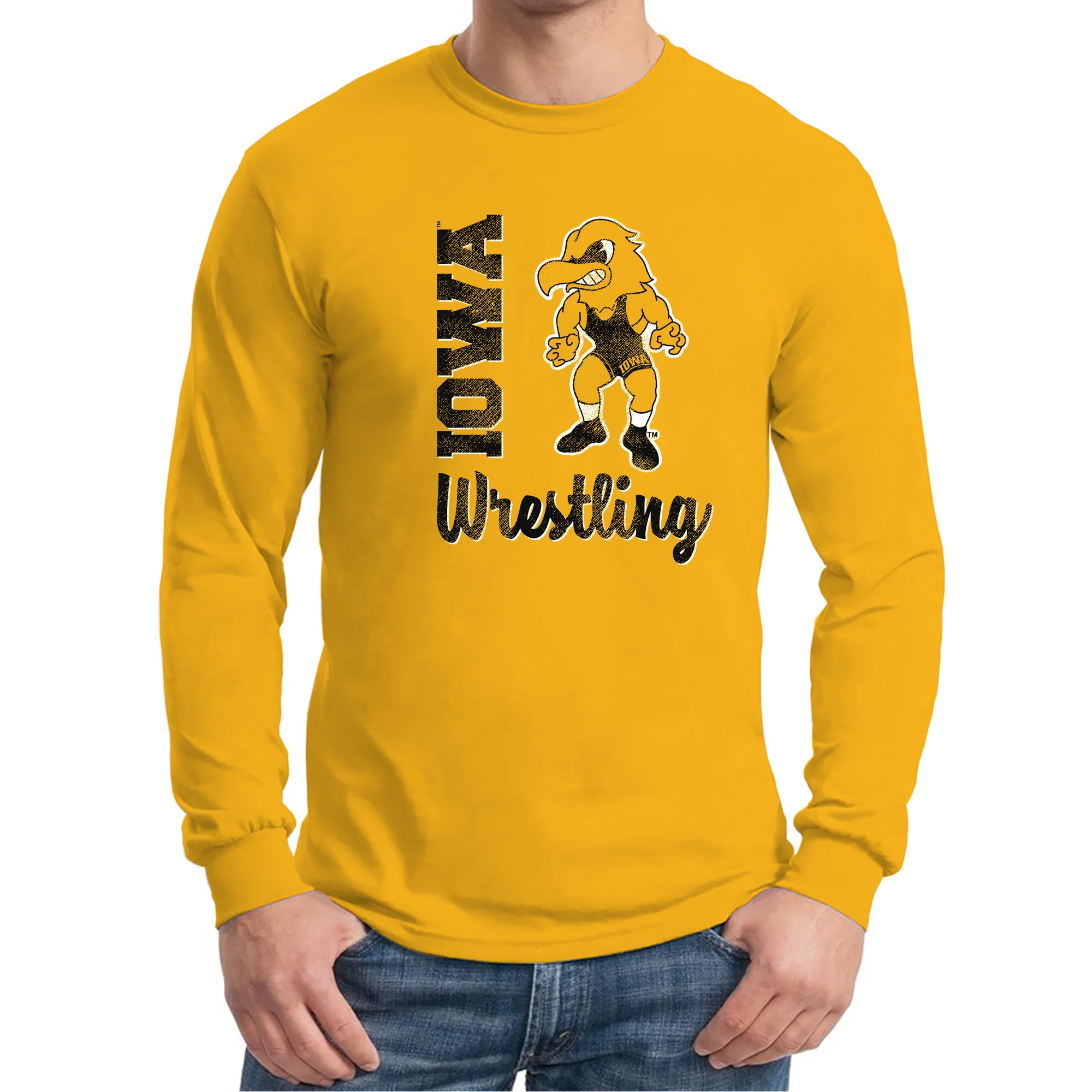 University of Iowa Hawkeyes Herky Wrestling Script Long Sleeve T-Shirt - Gold - Image 3