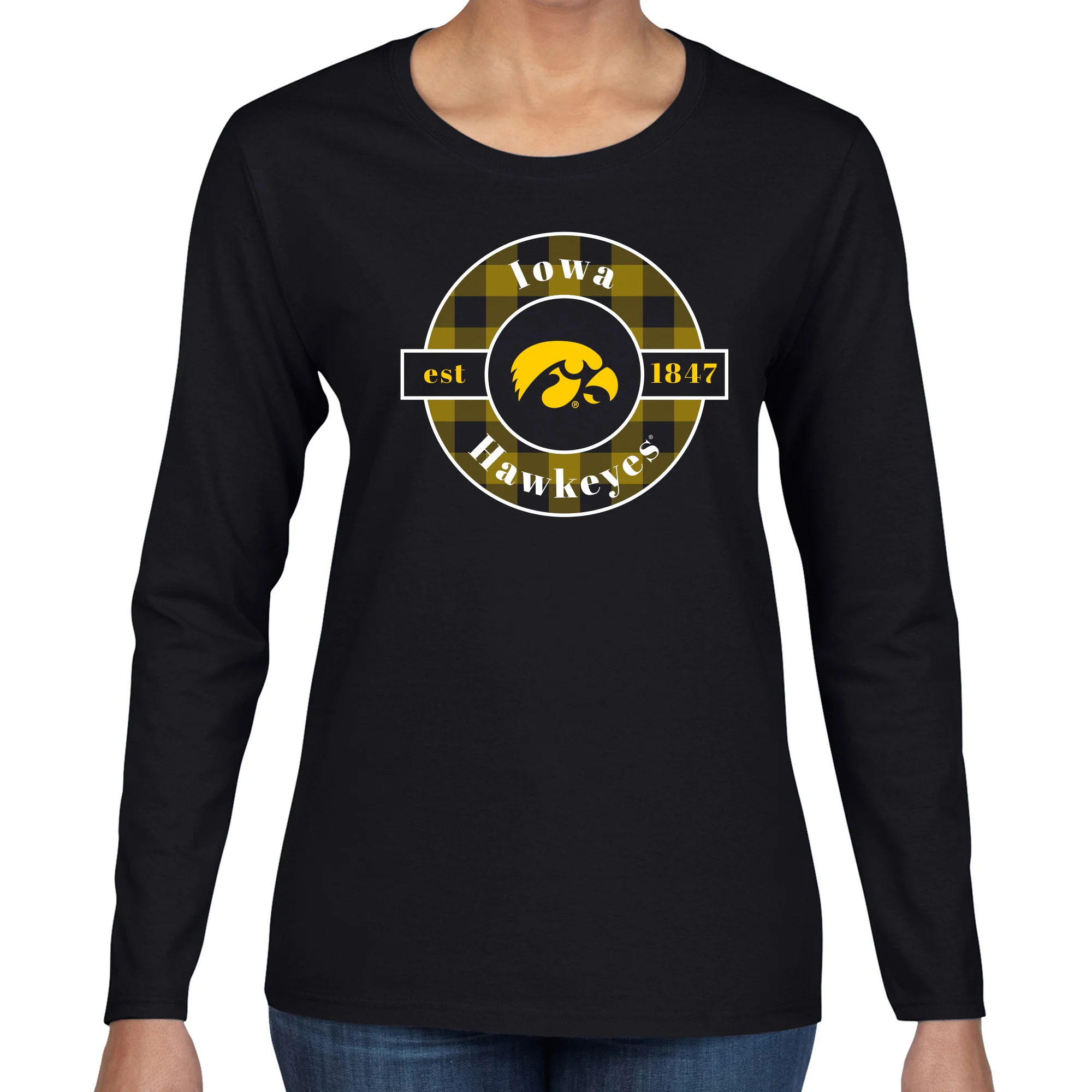 Iowa Plaid Circle Women's Long Sleeve - Black - Image 3