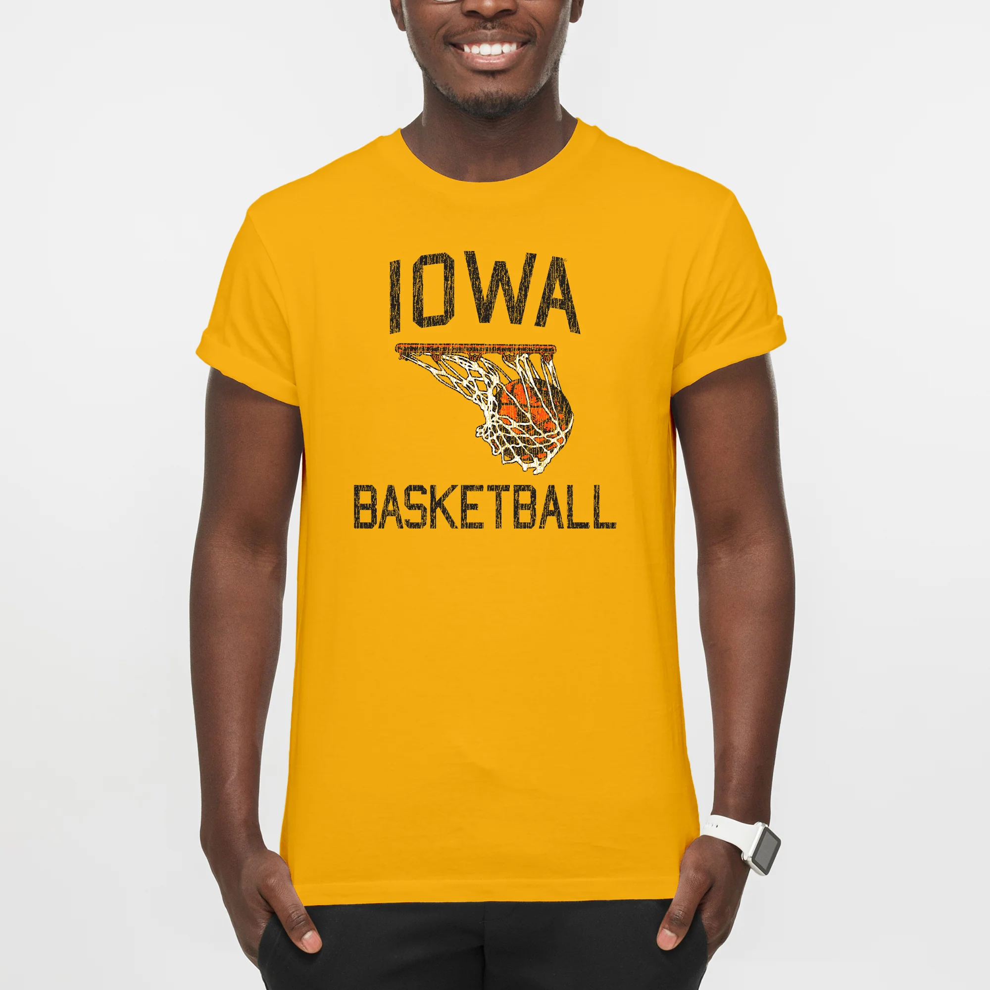 Retro Faded Basketball Iowa Hawkeyes Premium Cotton Short Sleeve T Shirt - Gold - Image 3