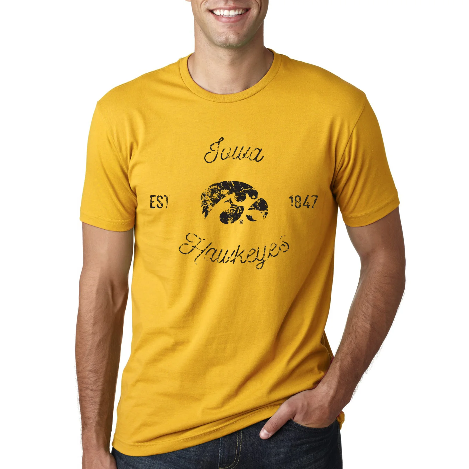 Vintage Script Iowa Hawkeyes Premium Cotton Short Sleeve T Shirt - Gold - Image 3