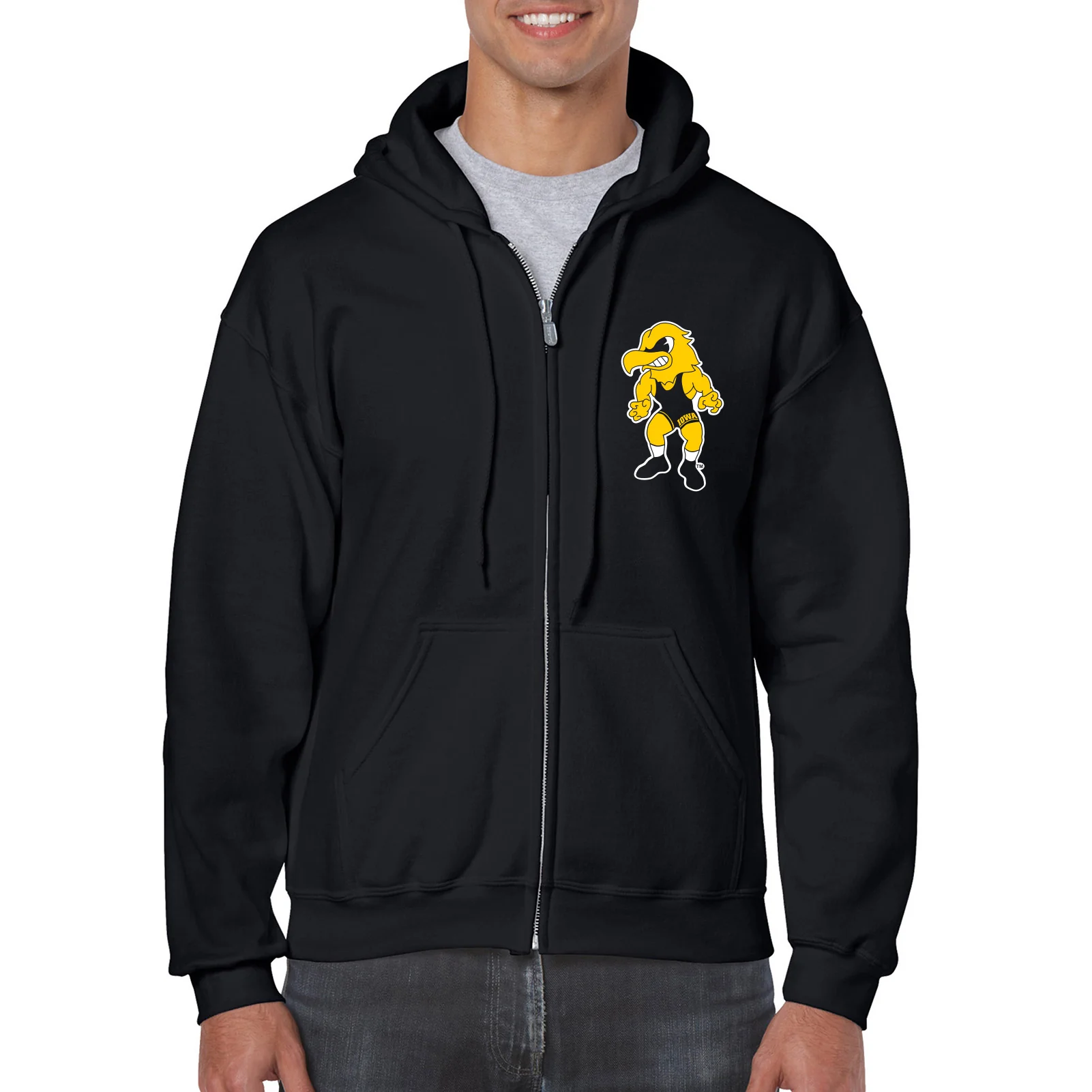 University of Iowa Hawkeyes Wrestling Herky Logo Left Chest Full Zip Hoodie - Black - Image 3