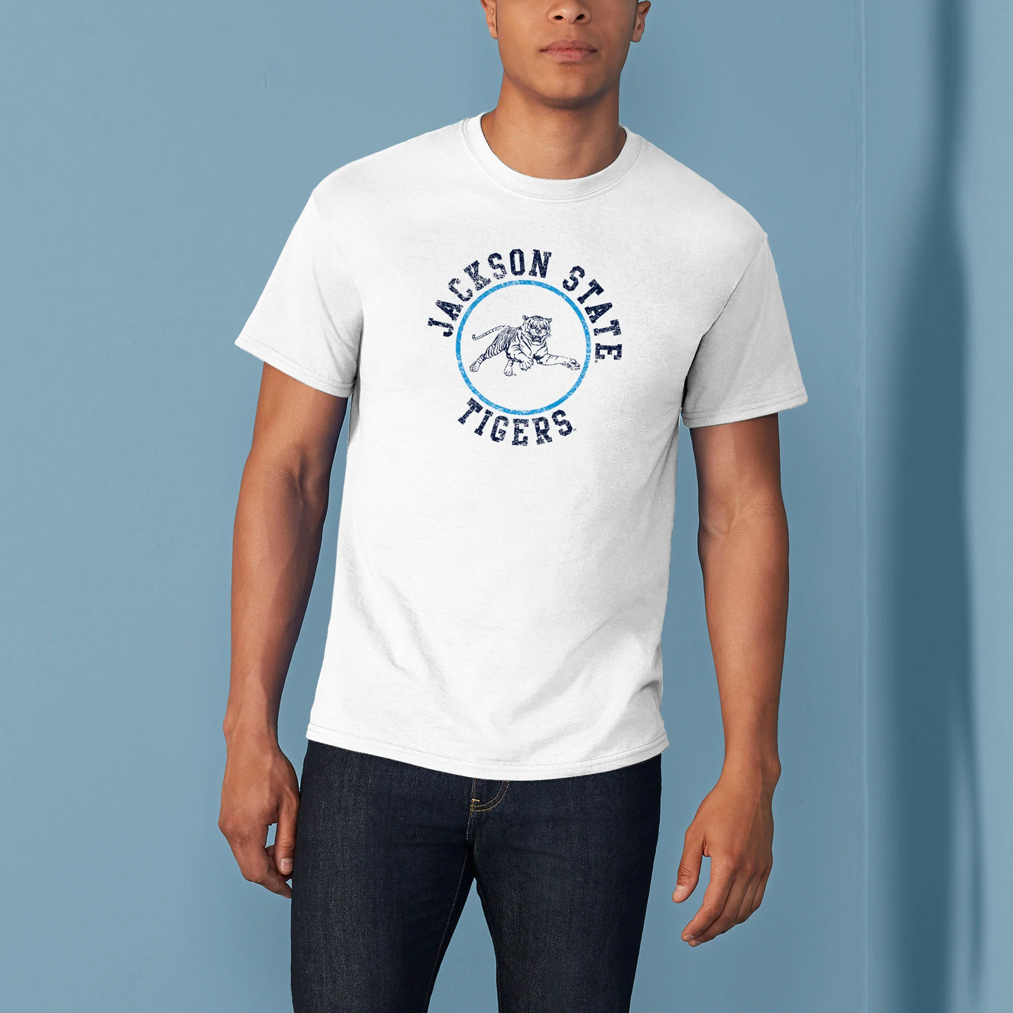 Jackson State Tigers Distressed Circle Logo T Shirt - White - Image 3