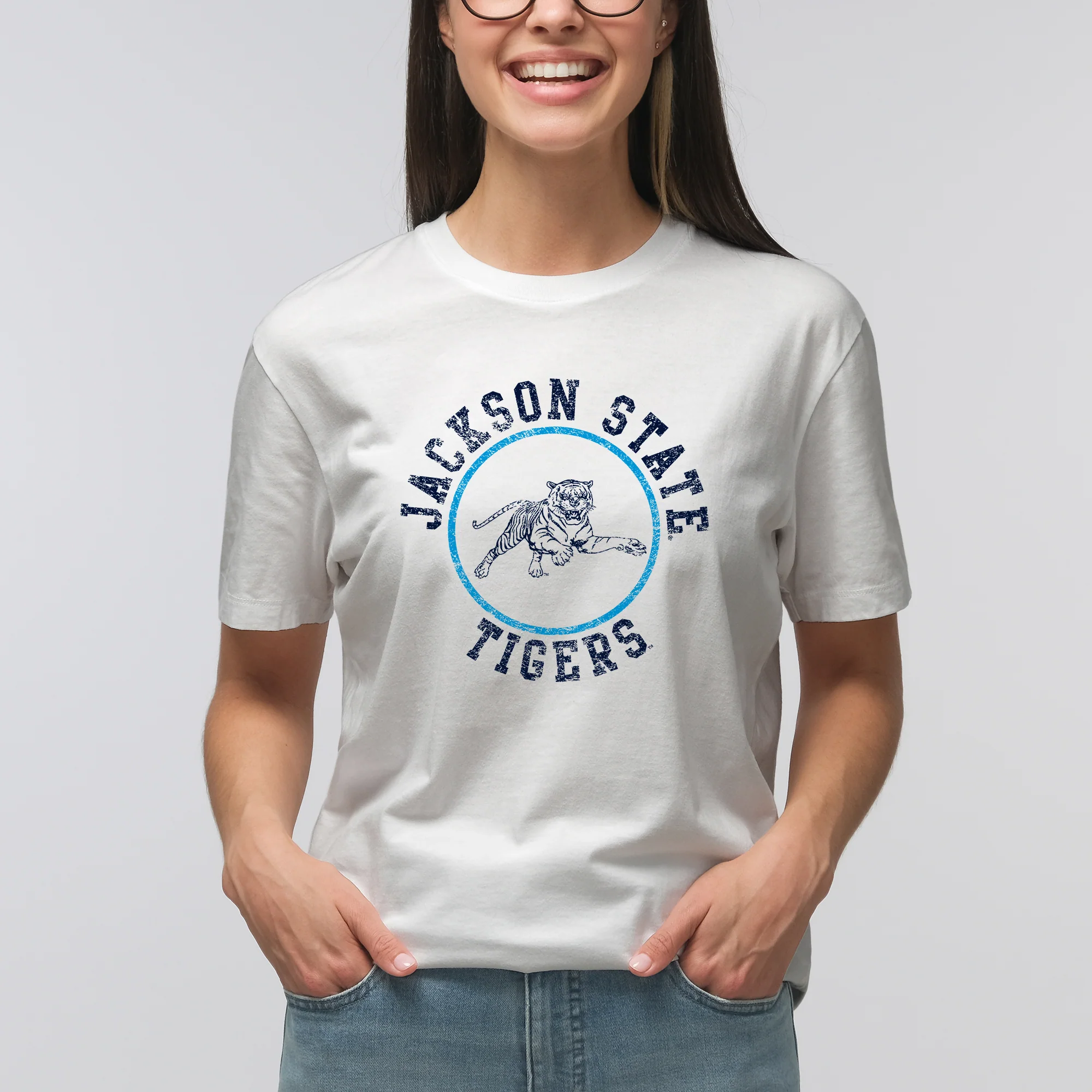 Jackson State Tigers Distressed Circle Logo T Shirt - White - Image 4
