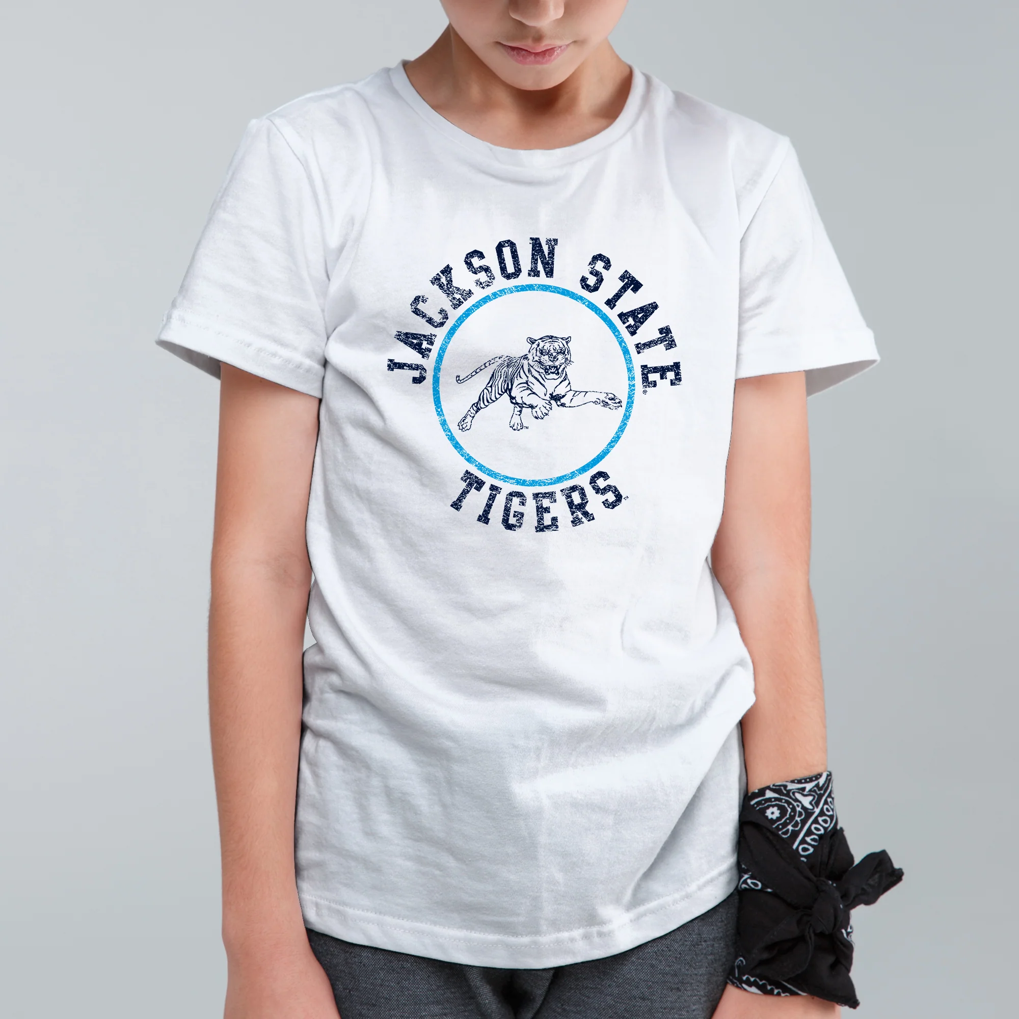 Jackson State Tigers Distressed Circle Logo Youth T Shirt - White - Image 3