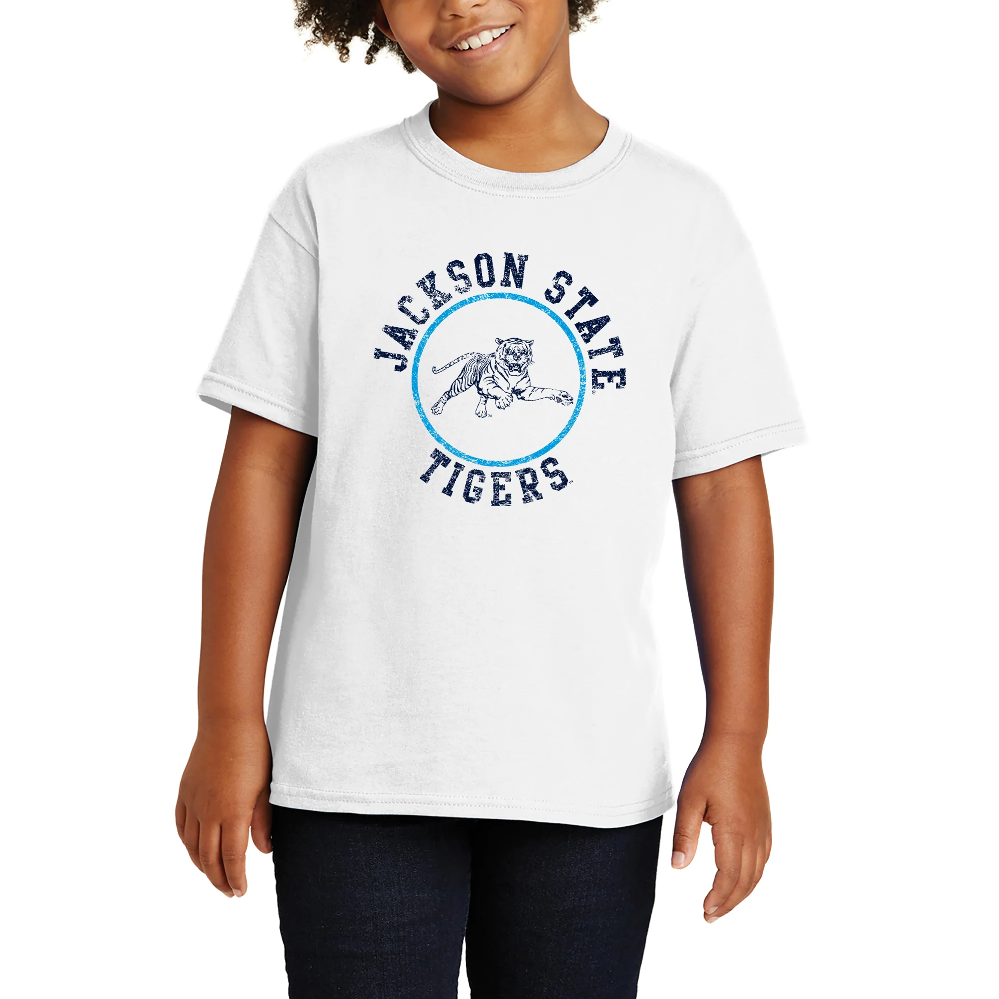 Jackson State Tigers Distressed Circle Logo Youth T Shirt - White - Image 4
