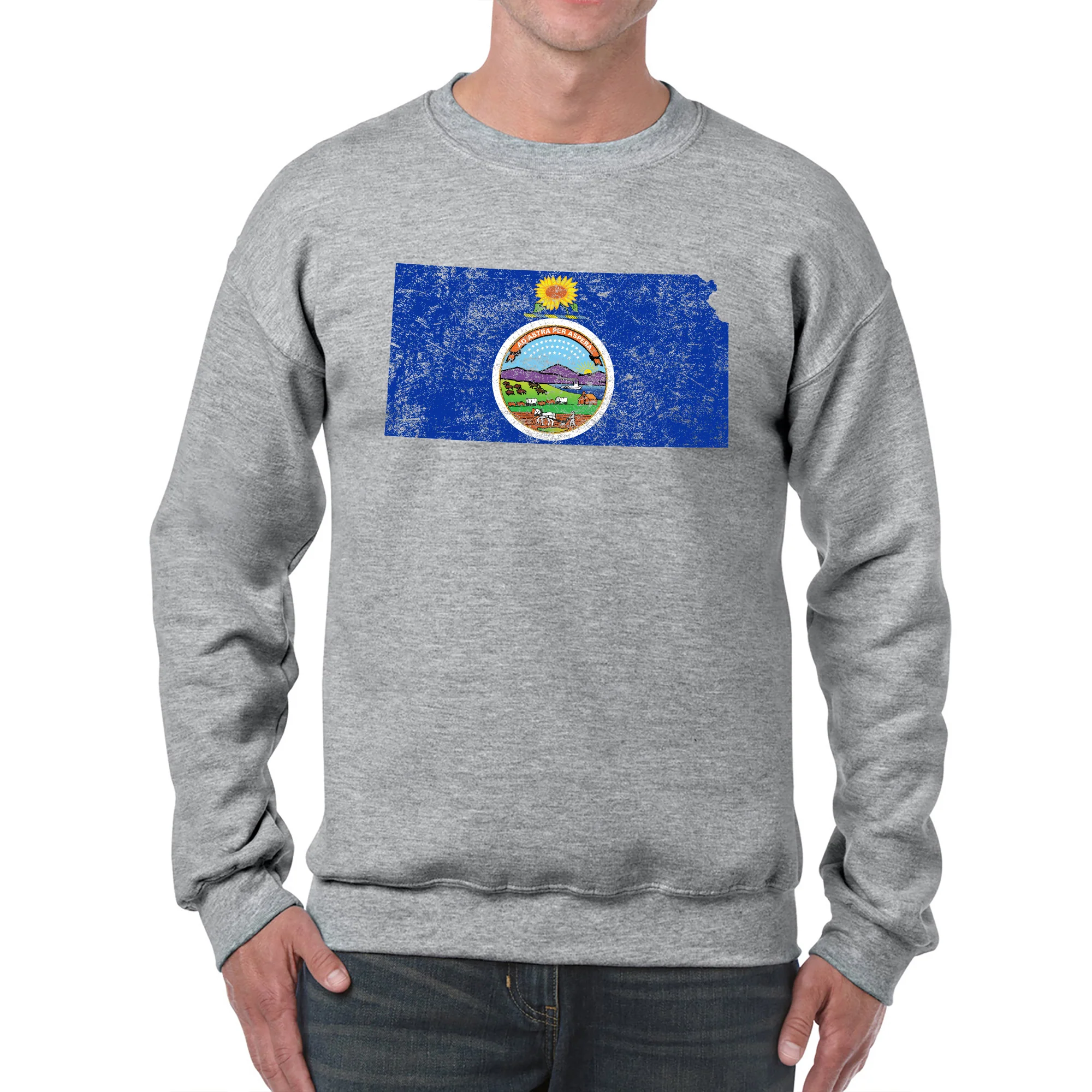 Kansas Distressed State Flag Outline Crewneck Sweatshirt - Sport Grey - Image 3