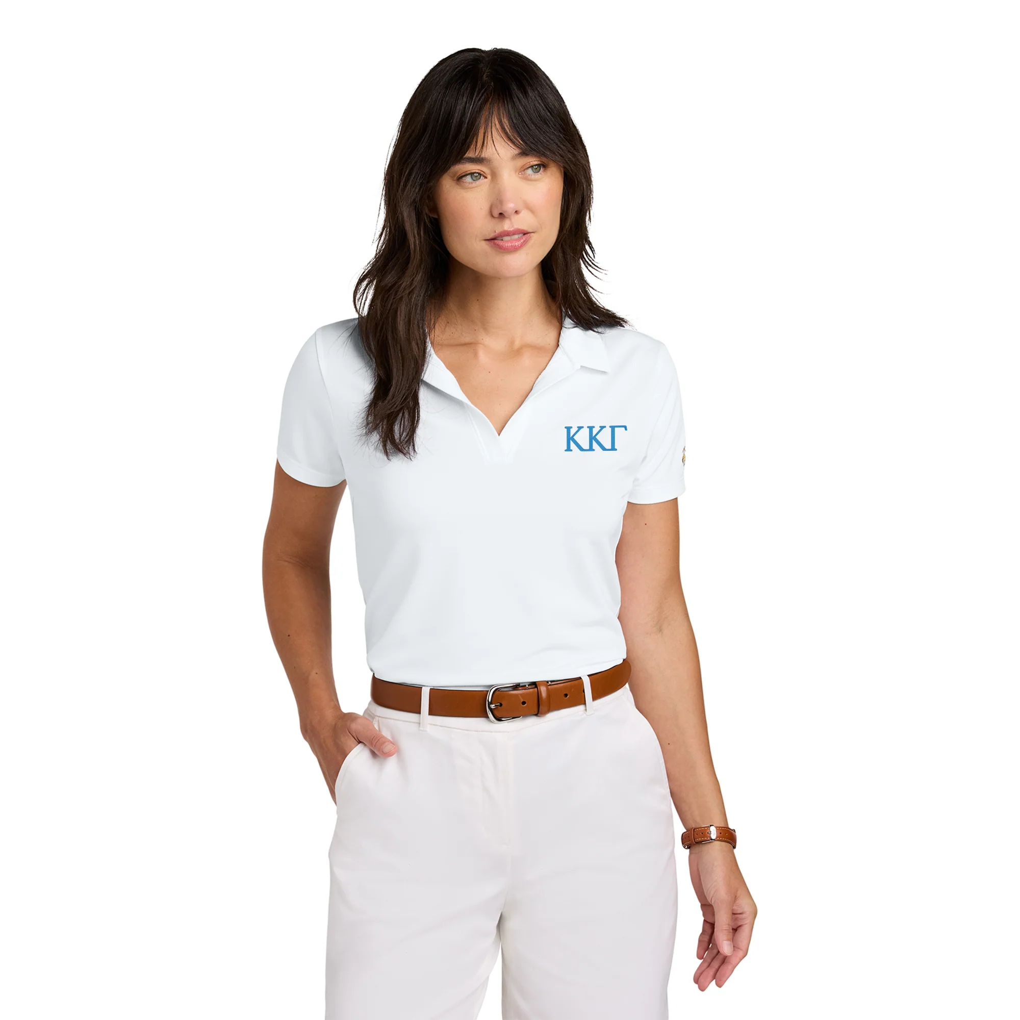 Kappa Kappa Gamma Greek Letter Block LC Brooks Brothers Women’s Mesh Pique Performance Polo - White - Image 3