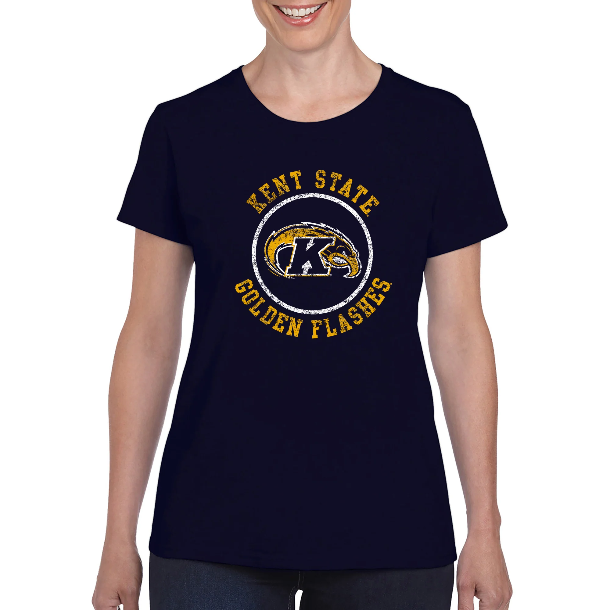 Kent State University Golden Flashes Distressed Circle Logo Womens Short Sleeve T Shirt - Navy - Image 3