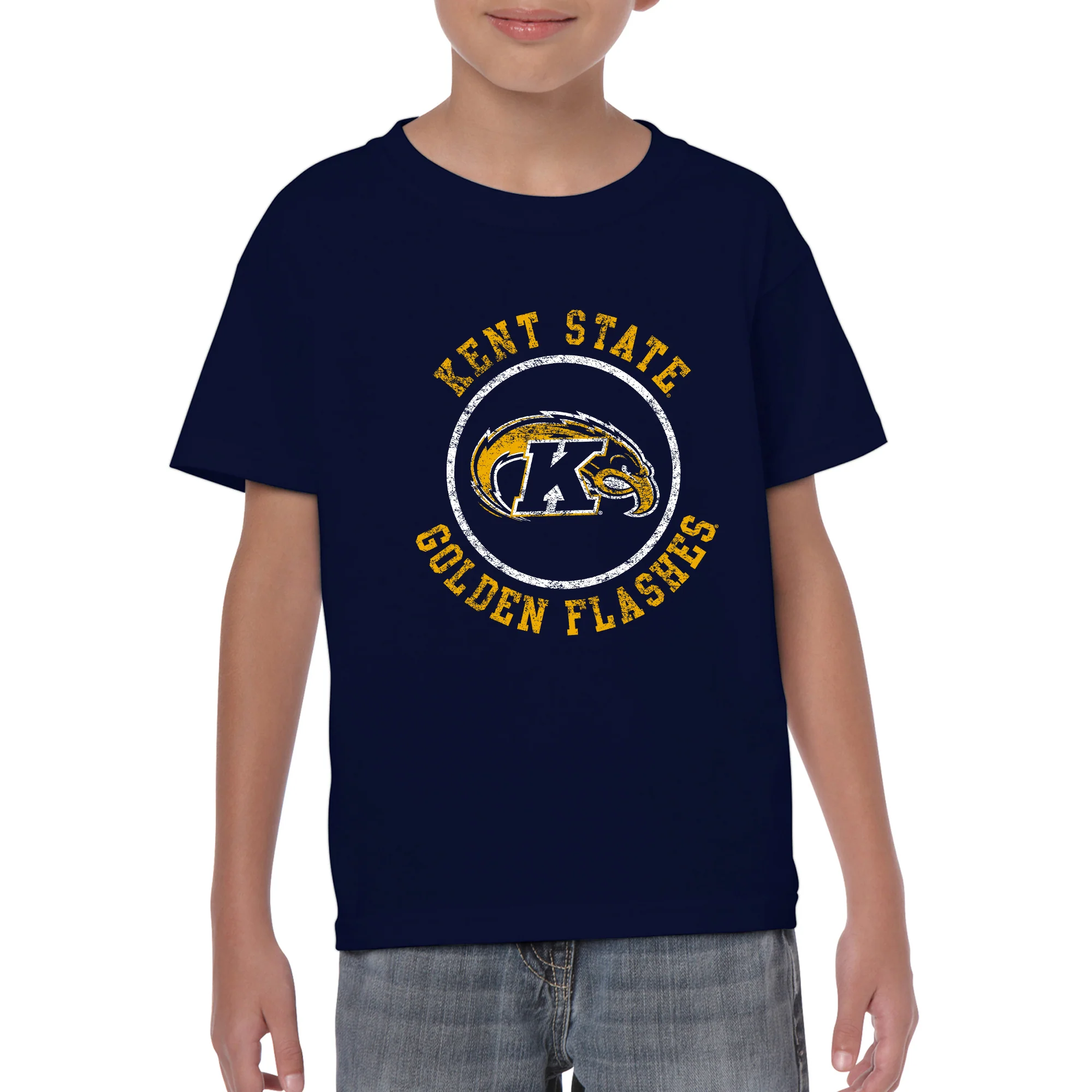 Kent State University Golden Flashes Distressed Circle Logo Youth Short Sleeve T Shirt - Navy - Image 3