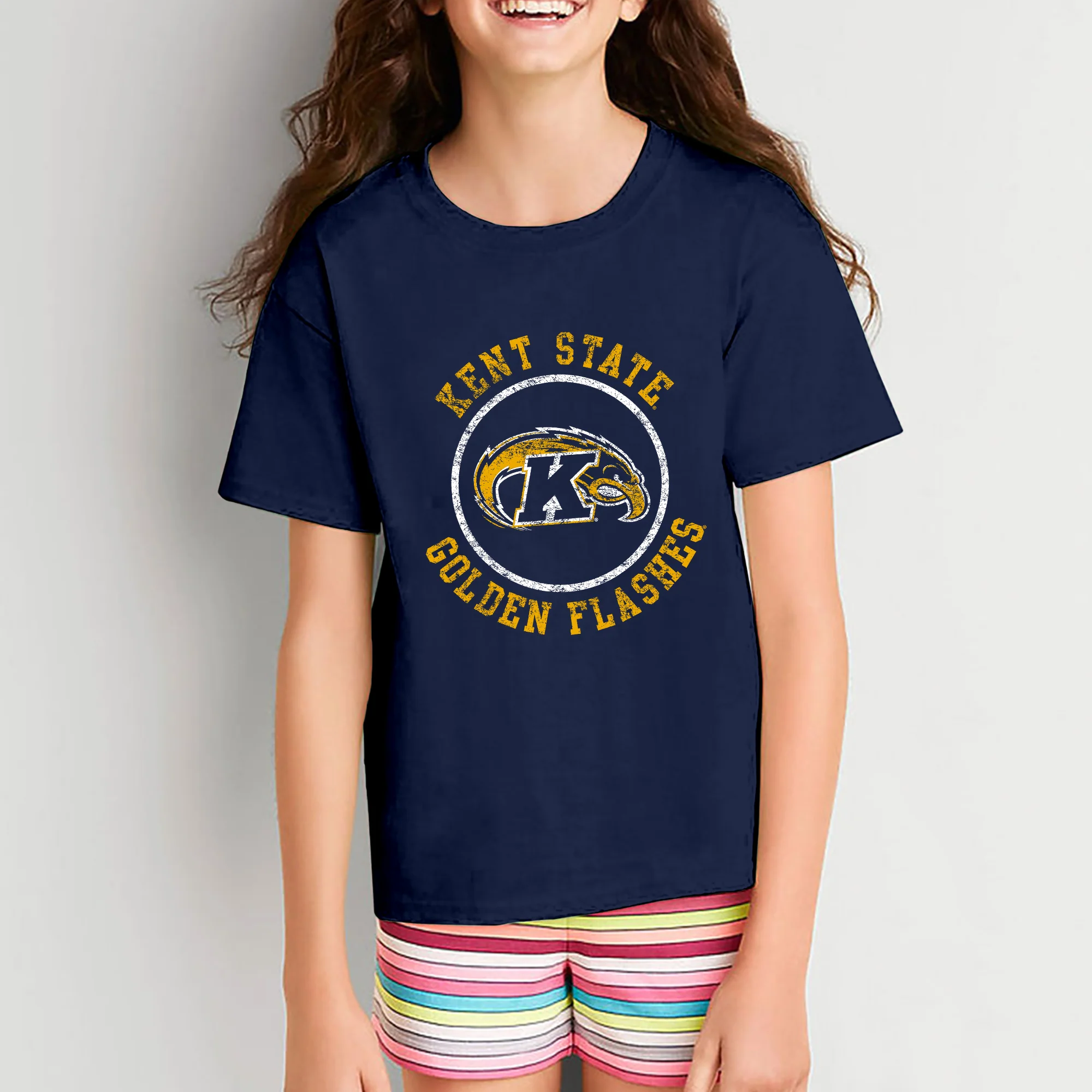 Kent State University Golden Flashes Distressed Circle Logo Youth Short Sleeve T Shirt - Navy - Image 4