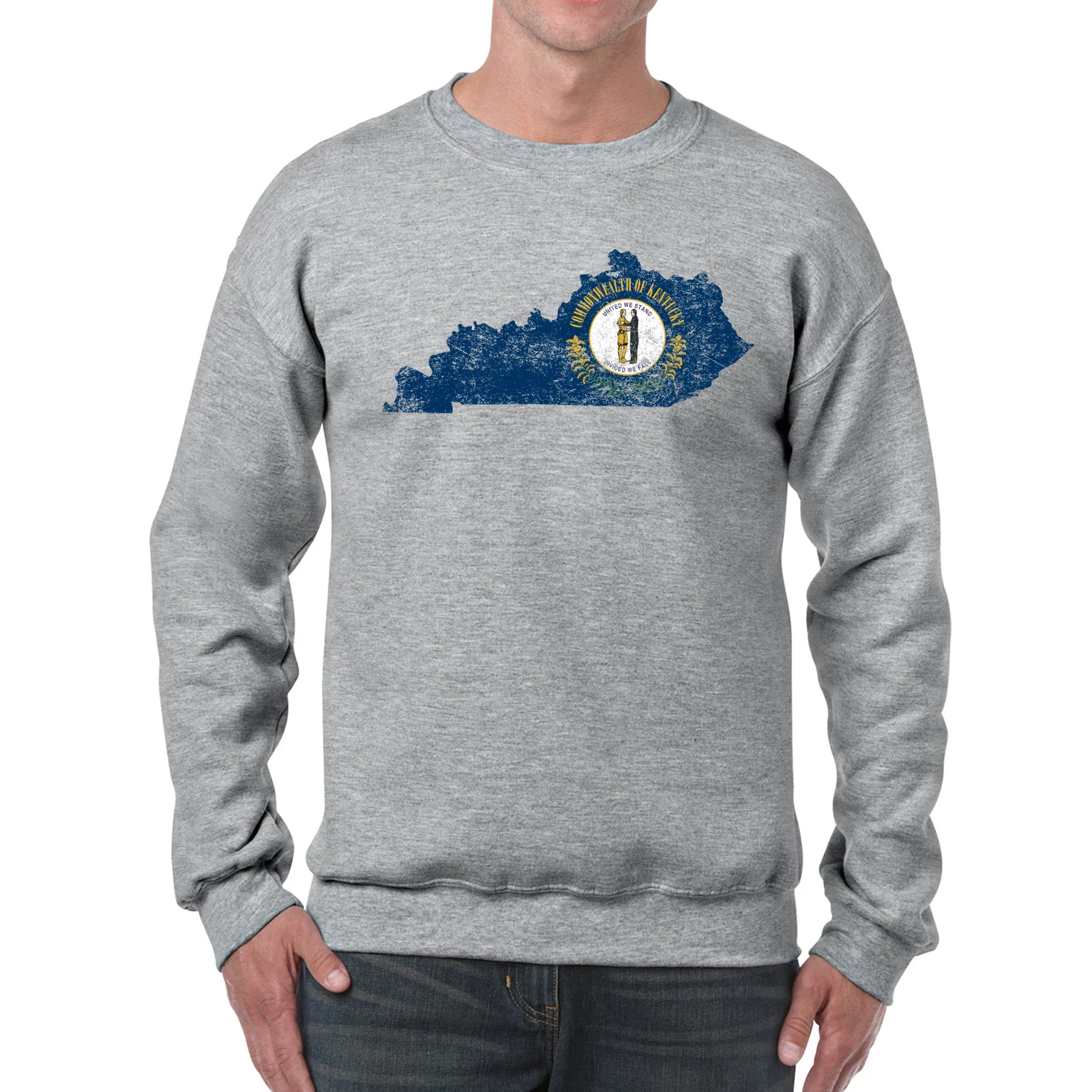 Kentucky Distressed State Flag Outline Crewneck Sweatshirt - Sport Grey - Image 3