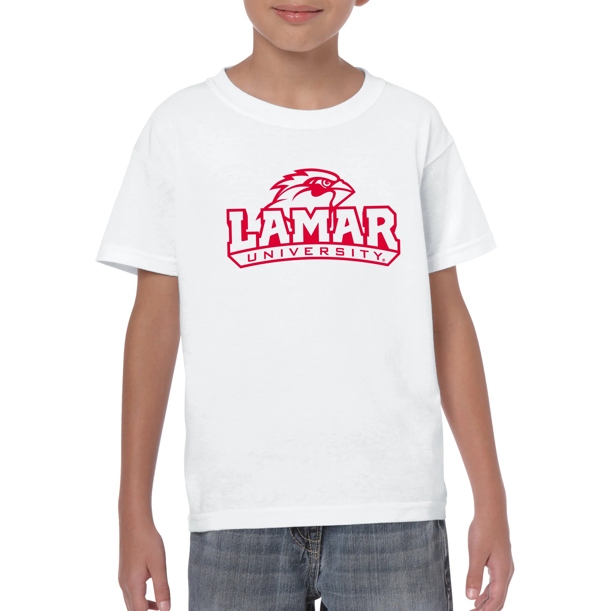 Lamar University Cardinals Arch Logo Short Sleeve Youth T Shirt - White - Image 3