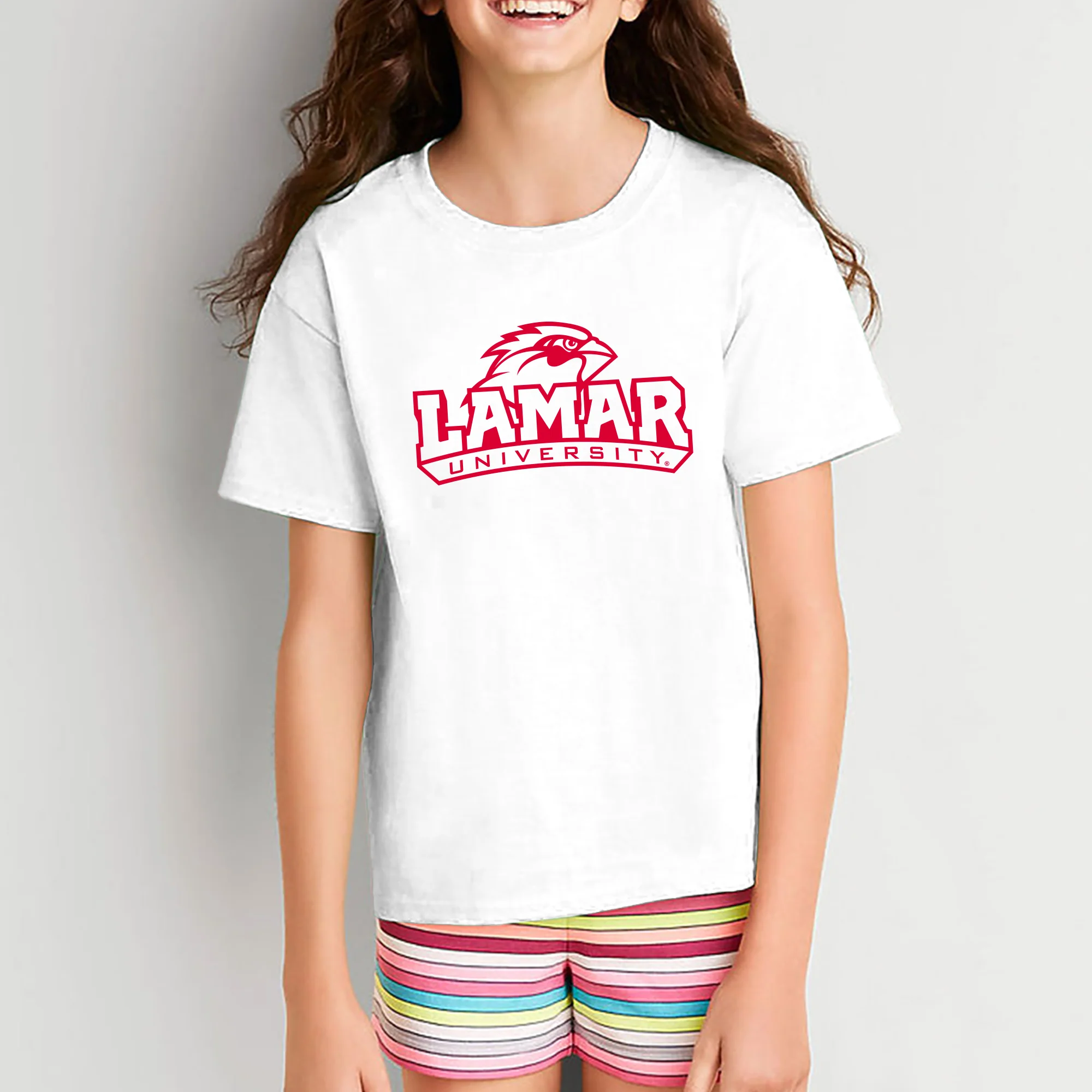 Lamar University Cardinals Arch Logo Short Sleeve Youth T Shirt - White - Image 4
