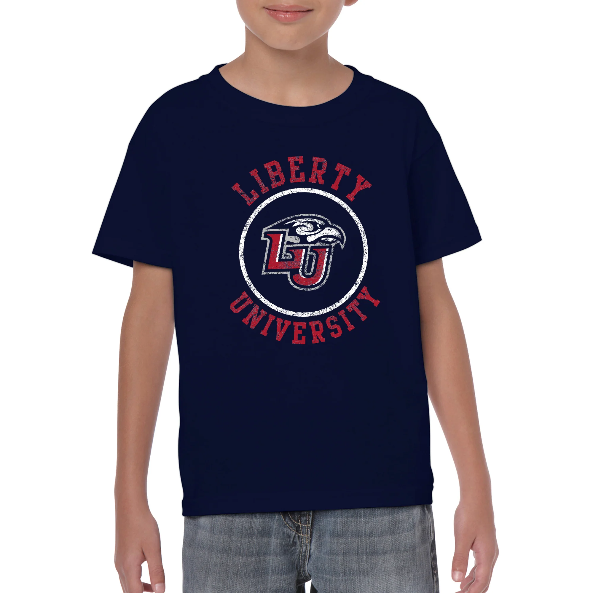 Liberty University Flames Distressed Circle Logo Youth T Shirt - Navy - Image 3