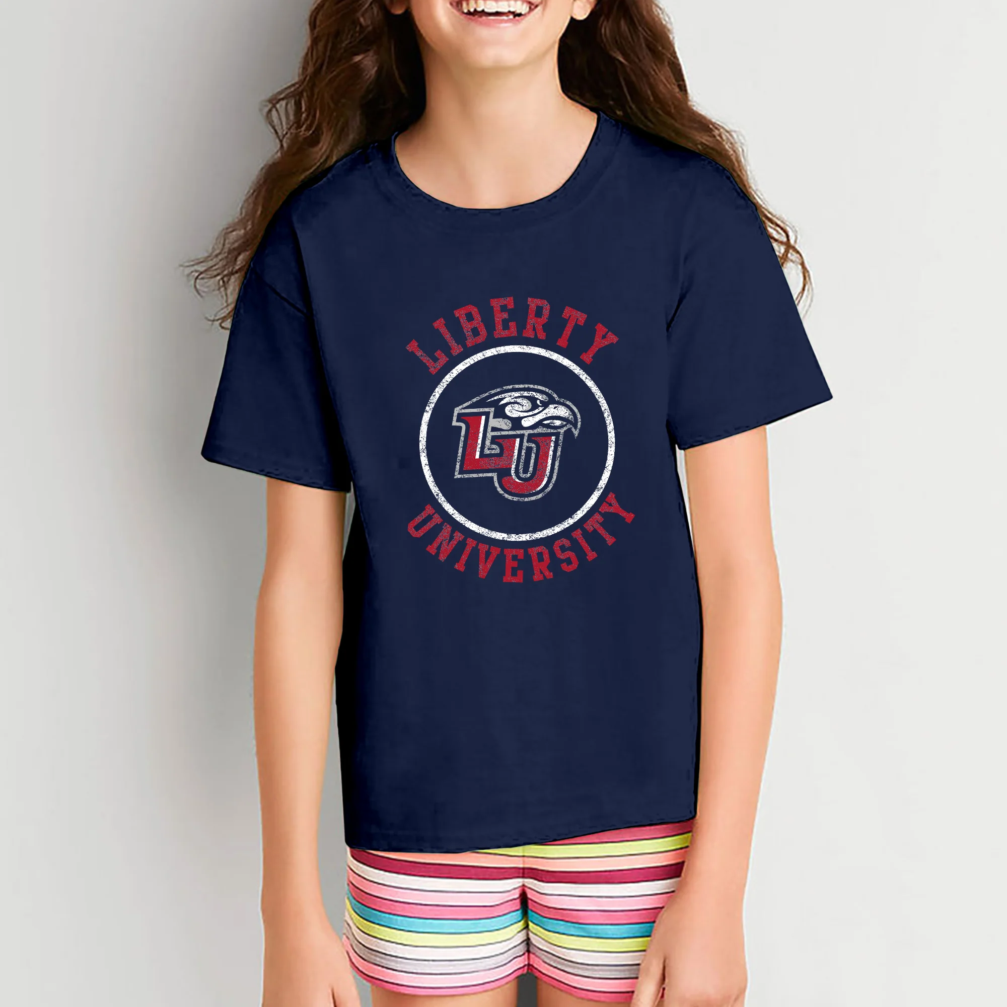 Liberty University Flames Distressed Circle Logo Youth T Shirt - Navy - Image 4