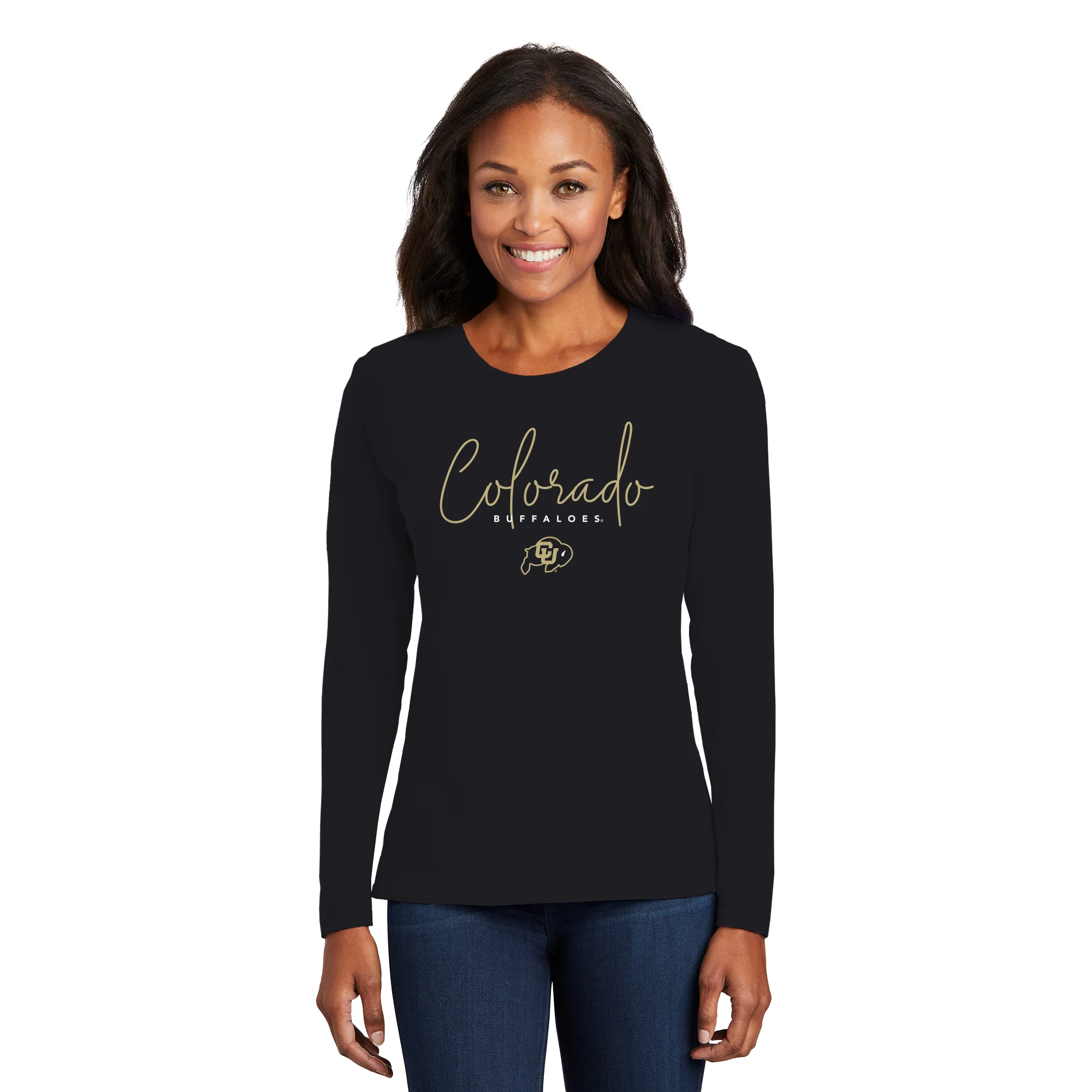 University of Colorado Buffaloes Thin Script Women's Long Sleeve T Shirt - Black - Image 3