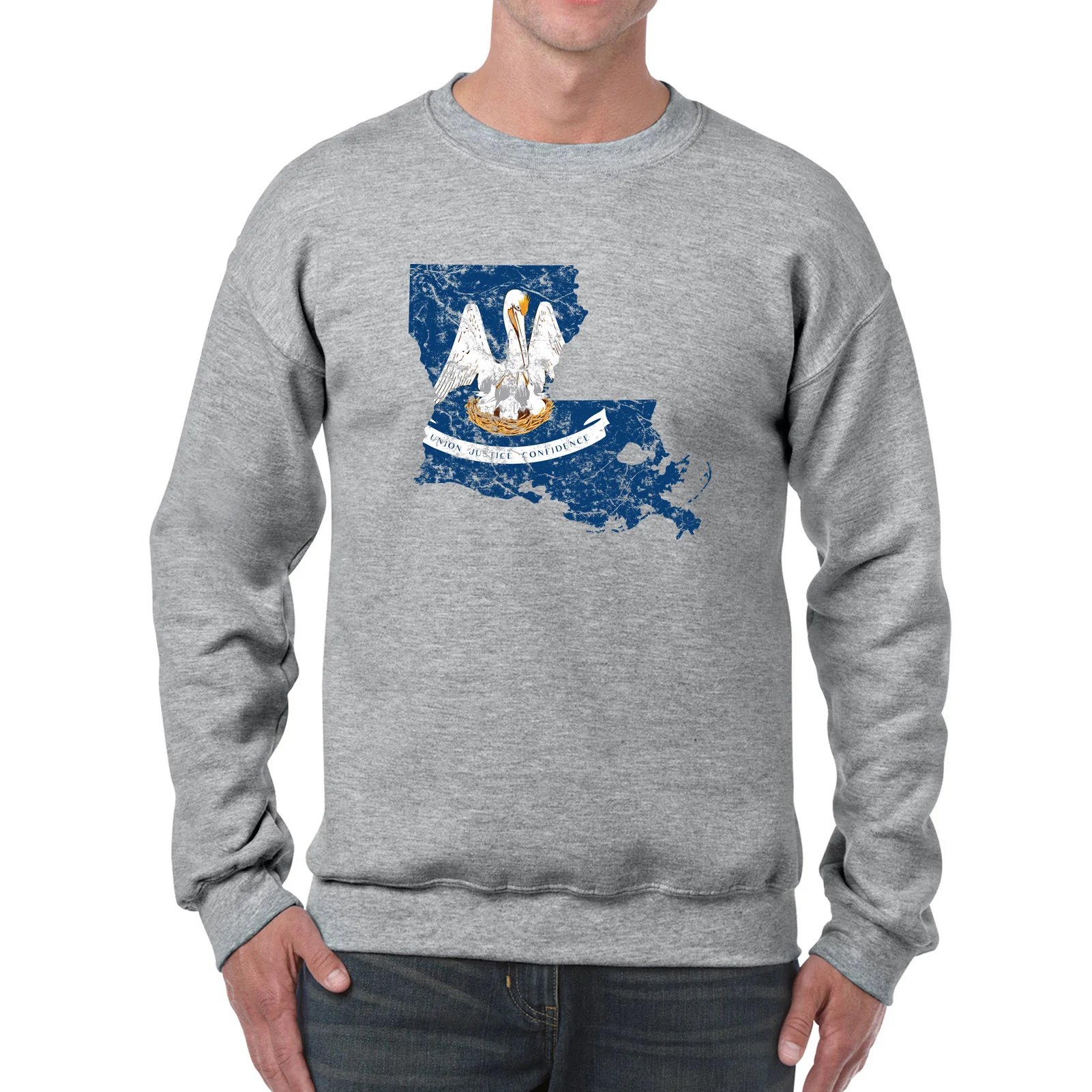 Louisiana Distressed State Flag Outline Crewneck Sweatshirt - Sport Grey - Image 3