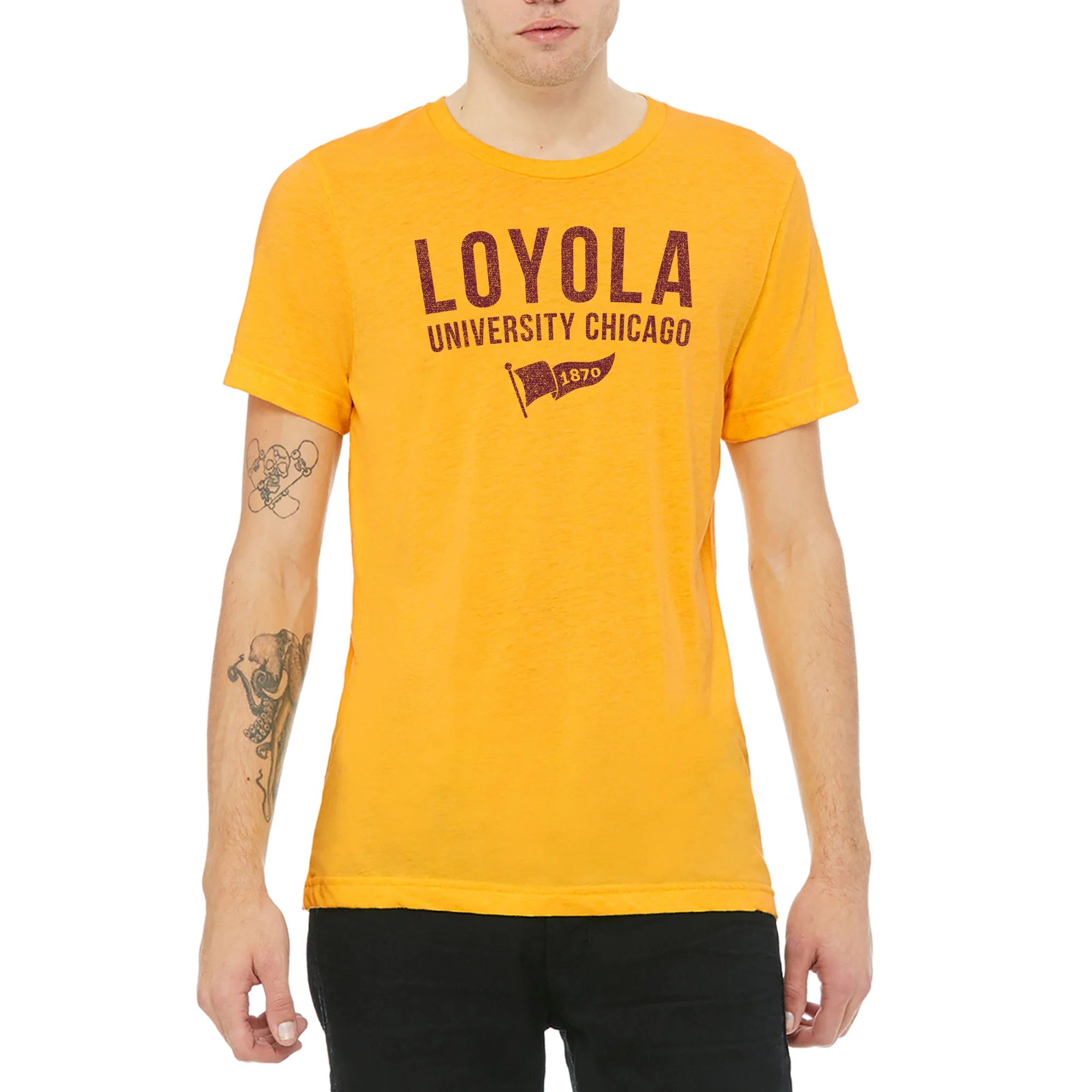 Loyola University Chicago Ramblers 1870 Banner Canvas Short Sleeve Triblend T-Shirt - Yellow Gold - Image 3