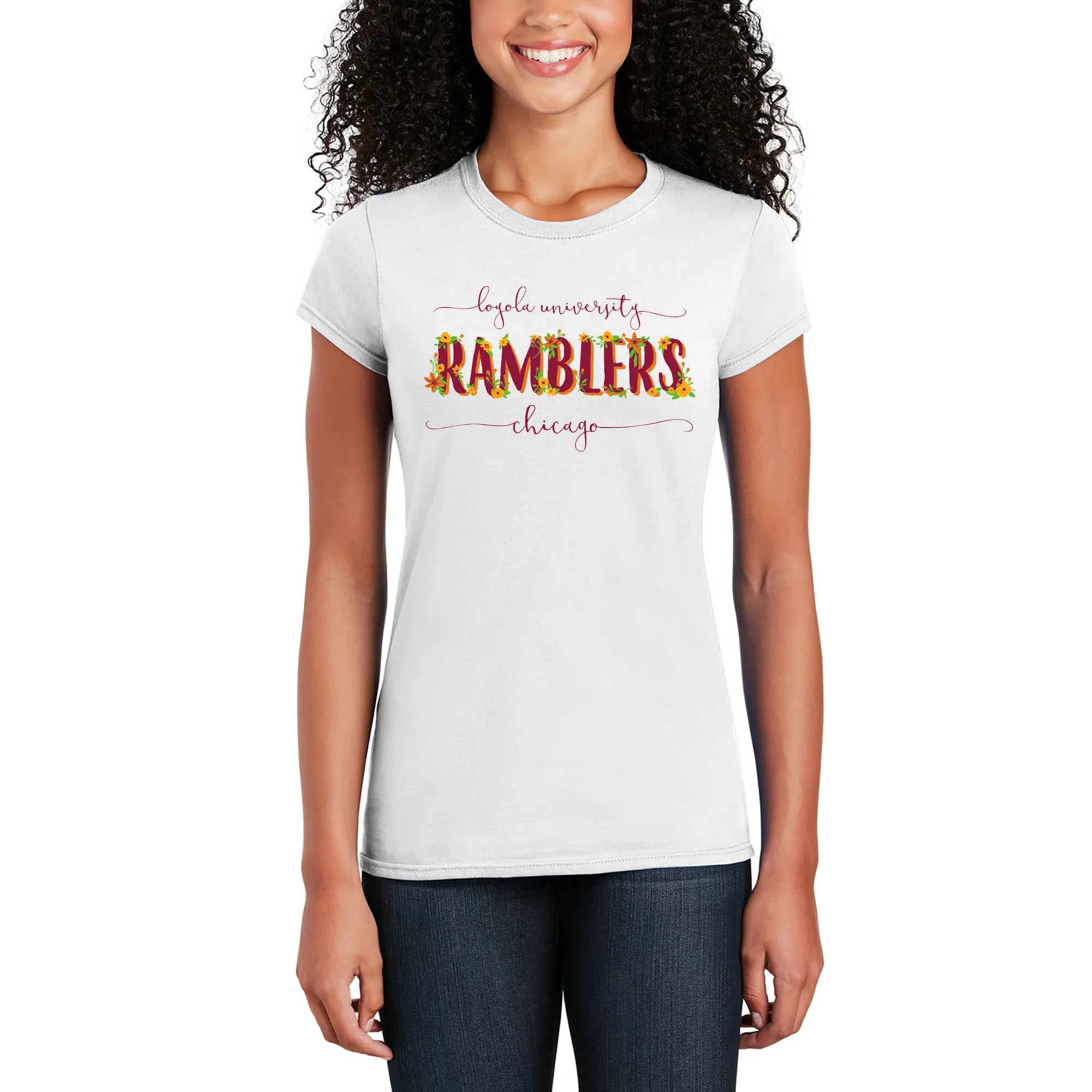 Loyola University Chicago Ramblers Floral Women's Short Sleeve T Shirt - White - Image 3