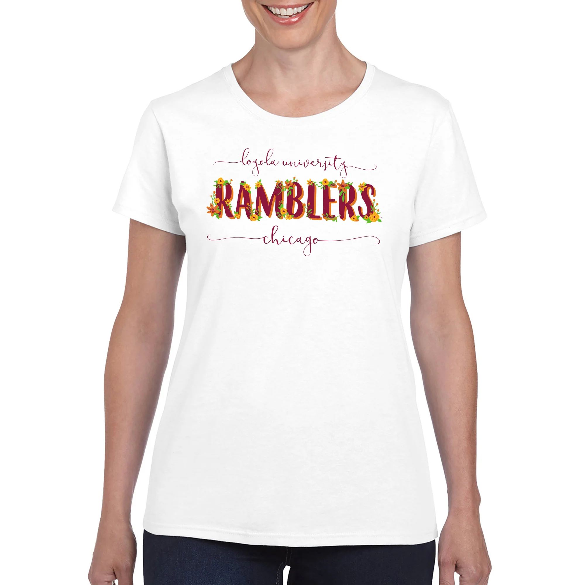 Loyola University Chicago Ramblers Floral Women's Short Sleeve T Shirt - White - Image 4