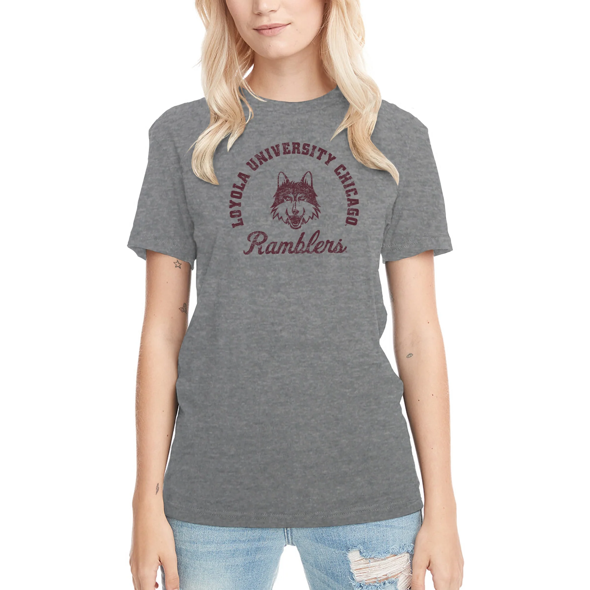 Loyola University Chicago Ramblers Retro Script Short Sleeve T Shirt - Premium Heather - Image 4