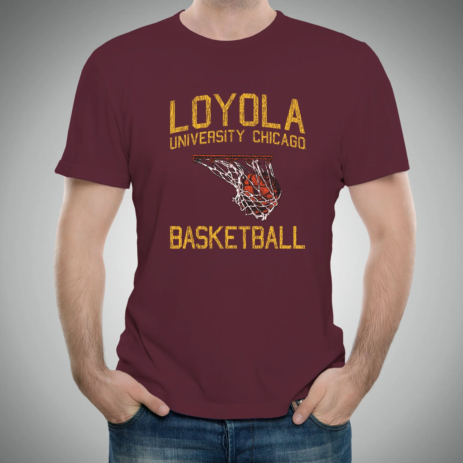 Loyola University Chicago Ramblers Faded Retro Basketball Short Sleeve T Shirt - Maroon - Image 3