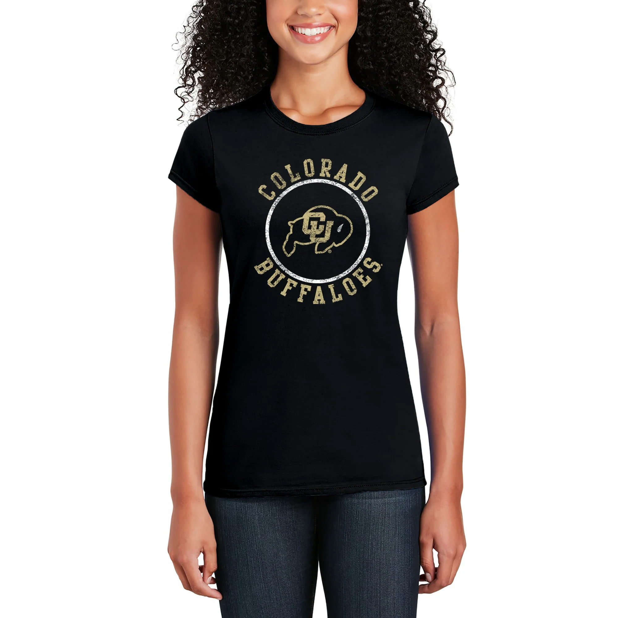 University of Colorado Buffaloes Distressed Circle Logo Women's T Shirt - Black - Image 5