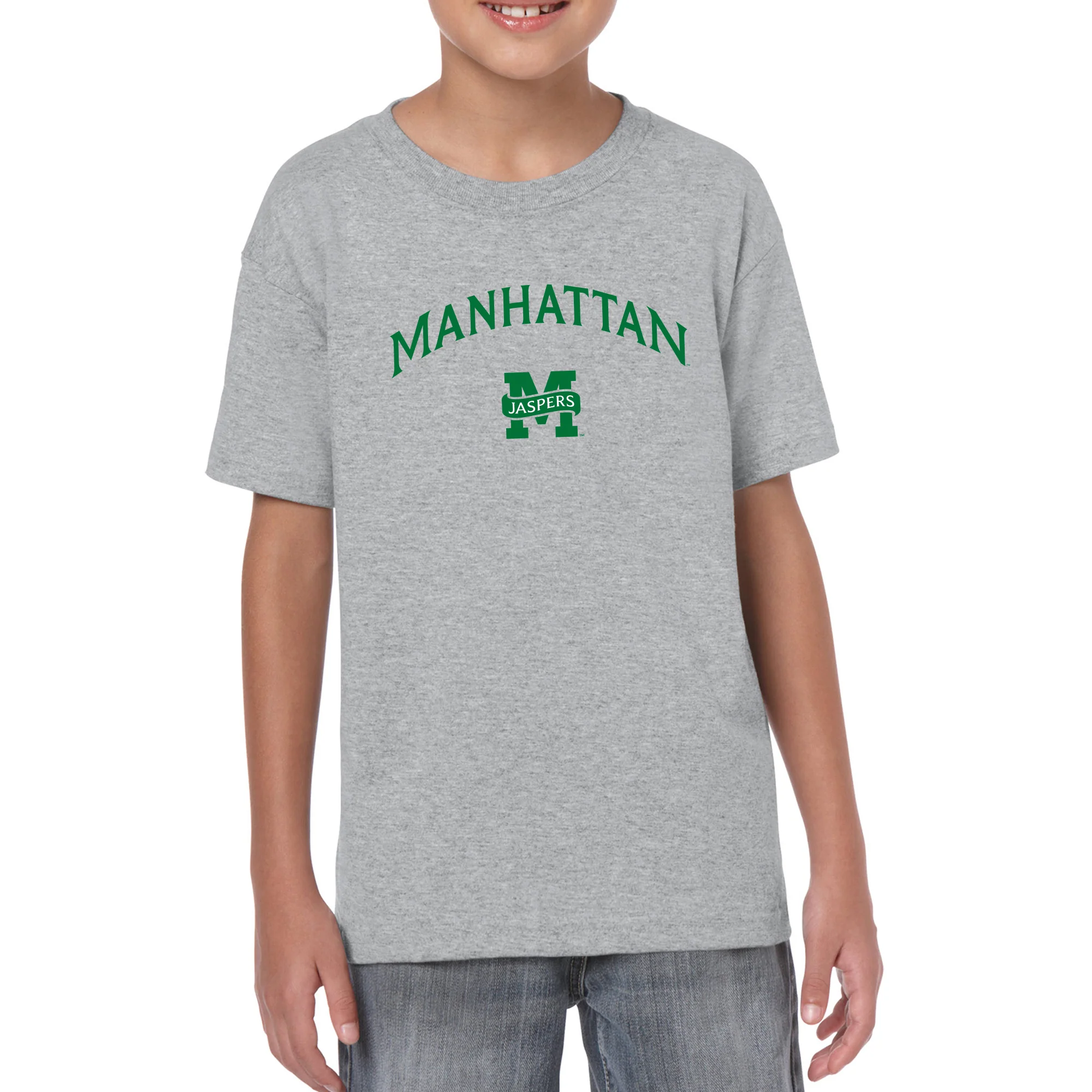 Manhattan College Jaspers Arch Logo Short Sleeve Youth T Shirt - Sport Grey - Image 3