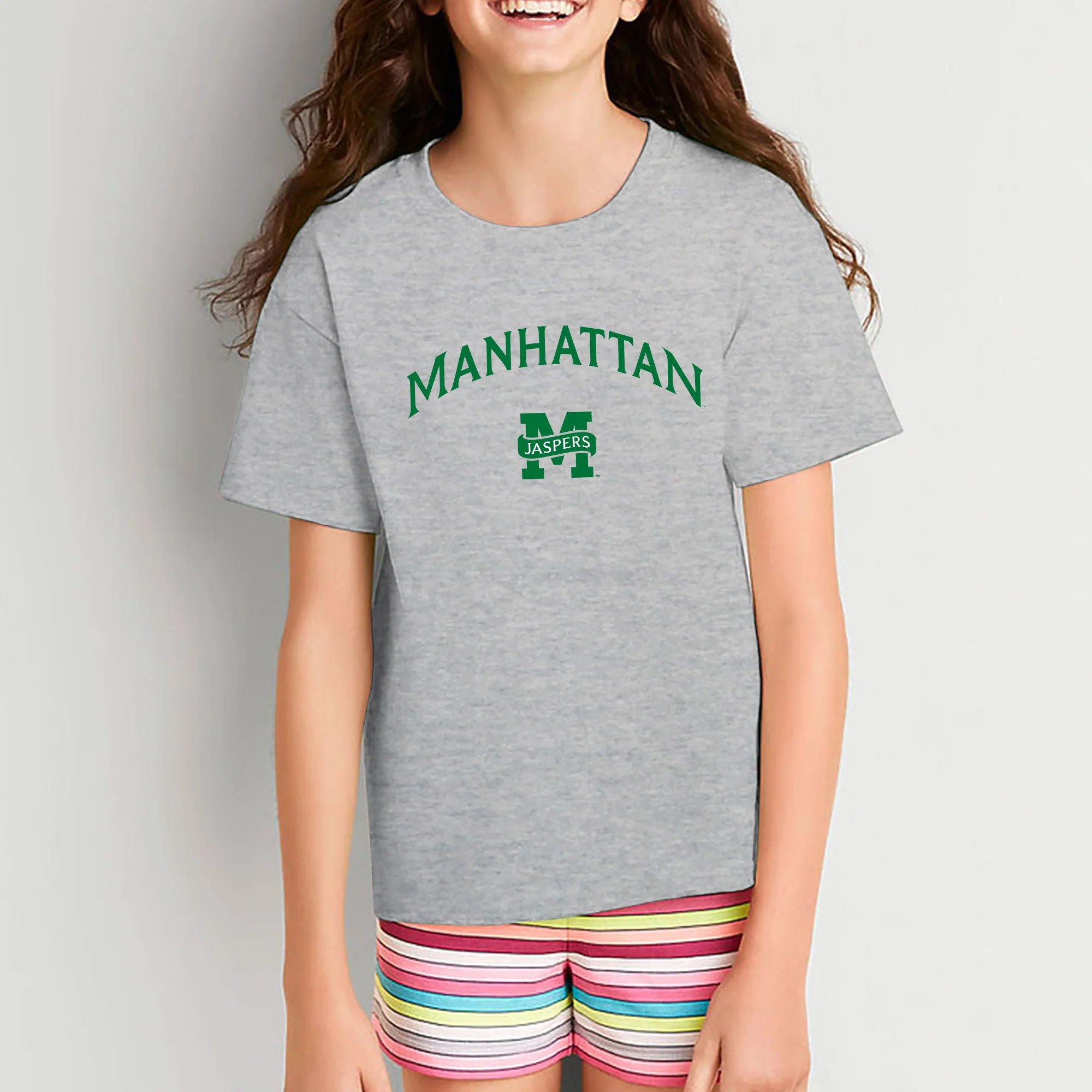 Manhattan College Jaspers Arch Logo Short Sleeve Youth T Shirt - Sport Grey - Image 4