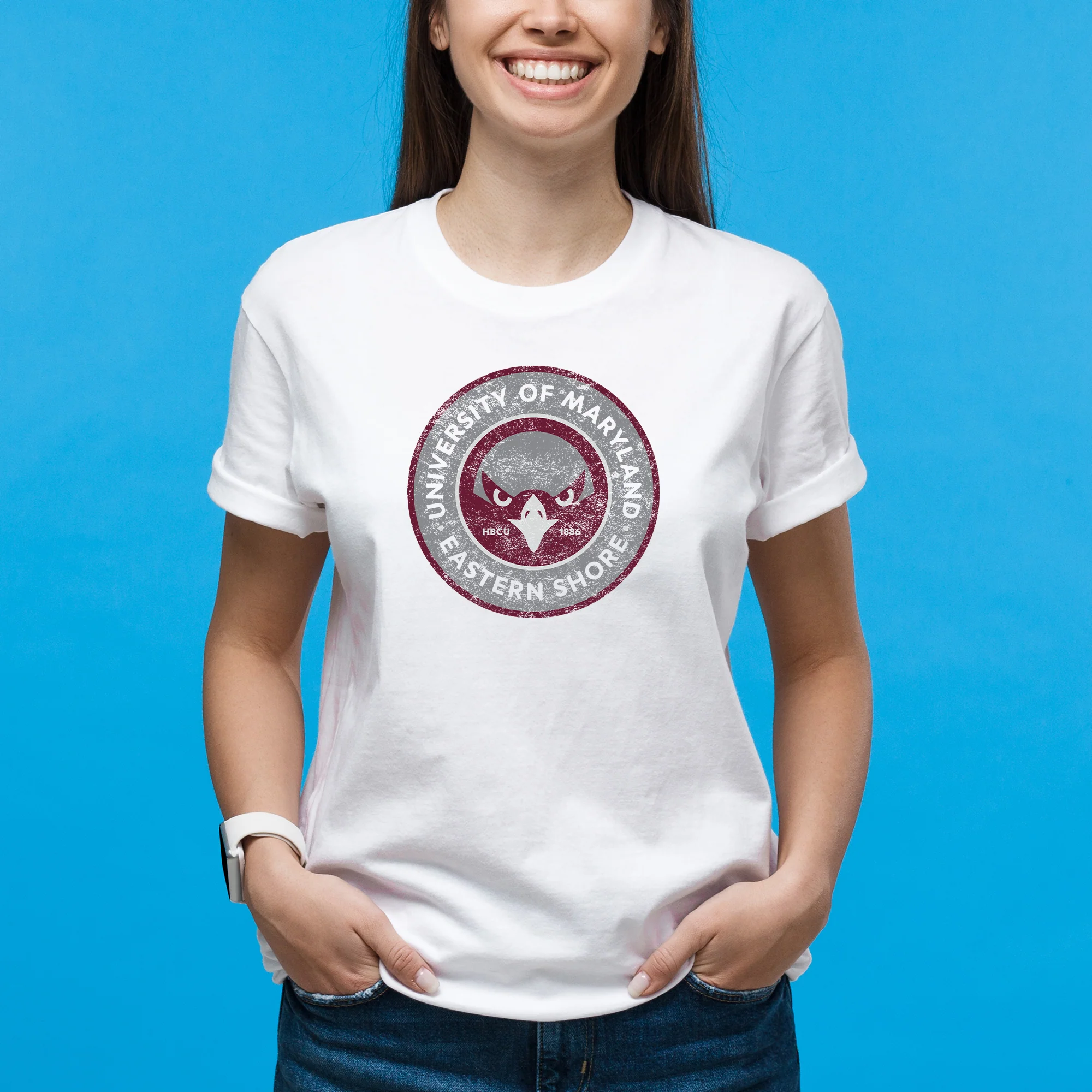 Maryland Eastern Shore Hawks Distressed Circle Logo T-Shirt - White - Image 4